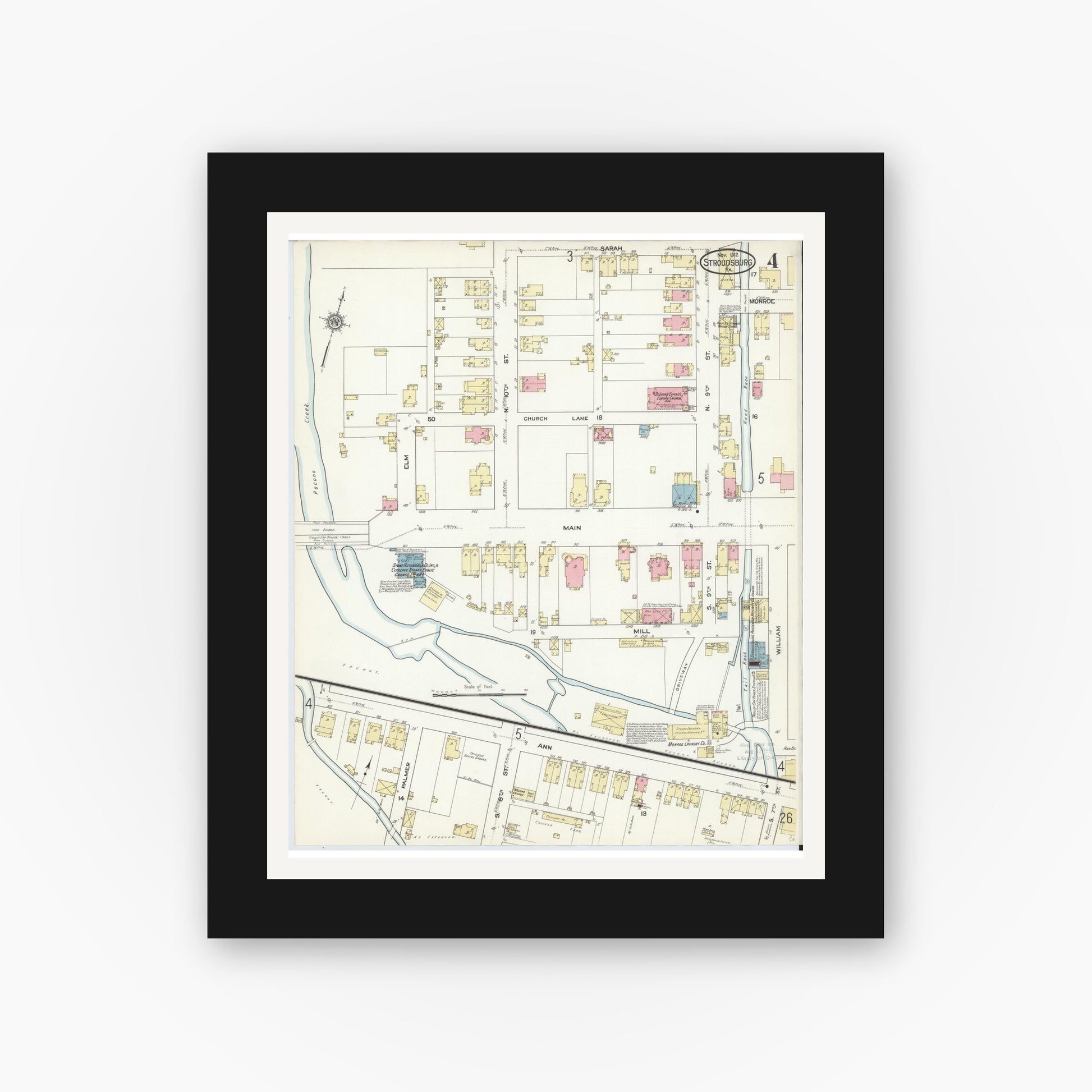 Old map wall art mockup — black gallery frame with white mat — Sanborn Fire Insurance Map from Stroudsburg, Monroe County, Pennsylvania (1912), Sheet #0004