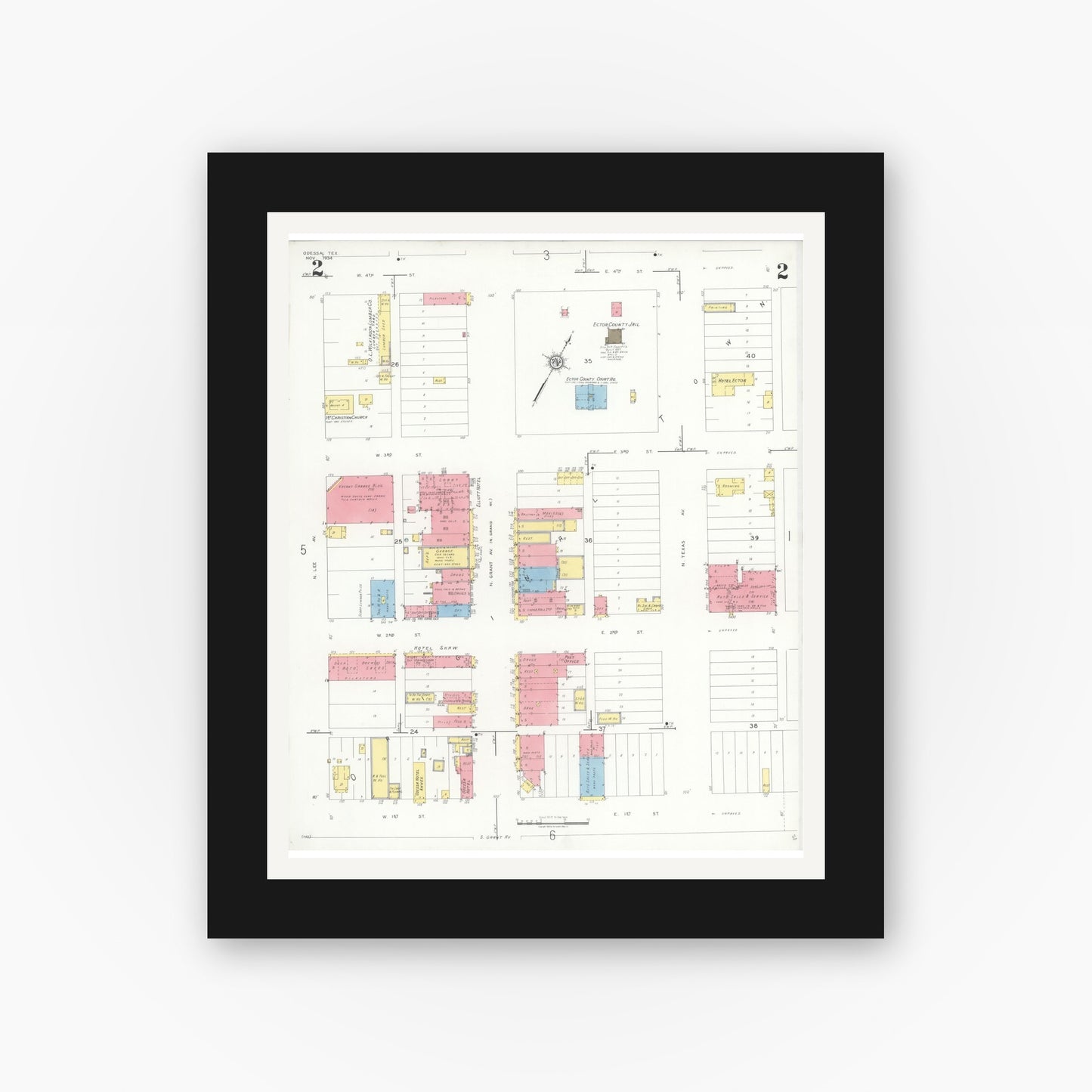 Old map wall art mockup — black gallery frame with white mat — Sanborn Fire Insurance Map from Odessa, Edger County, Texas (1934), Sheet #0002