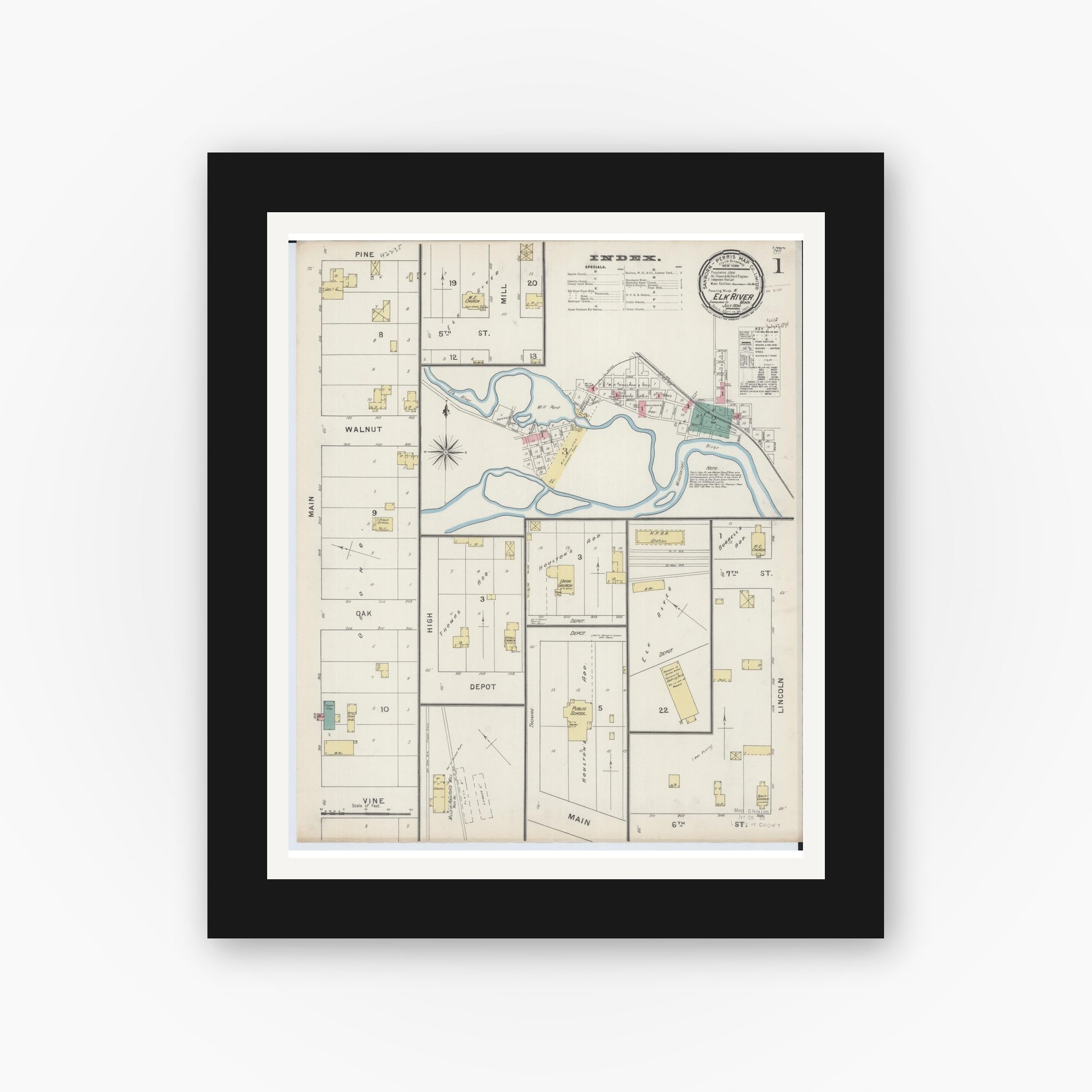 Old map wall art mockup — black gallery frame with white mat — Sanborn Fire Insurance Map from Elk River, Sherburne County, Minnesota (1894), Sheet #0001