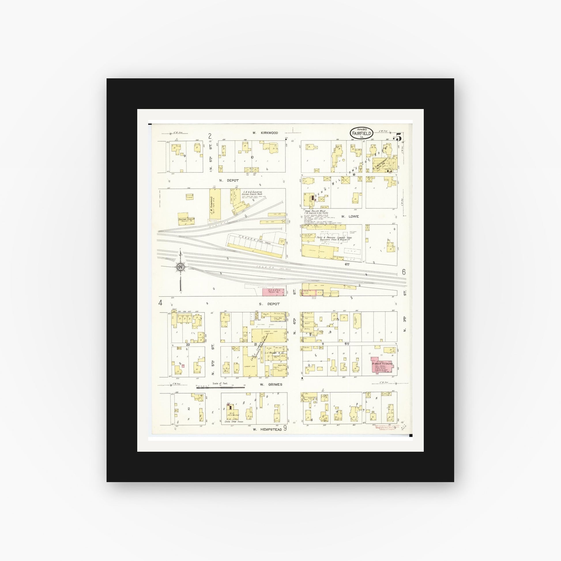 Old map wall art mockup — black gallery frame with white mat — Sanborn Fire Insurance Map from Fairfield, Jefferson County, Iowa (1913), Sheet #0005