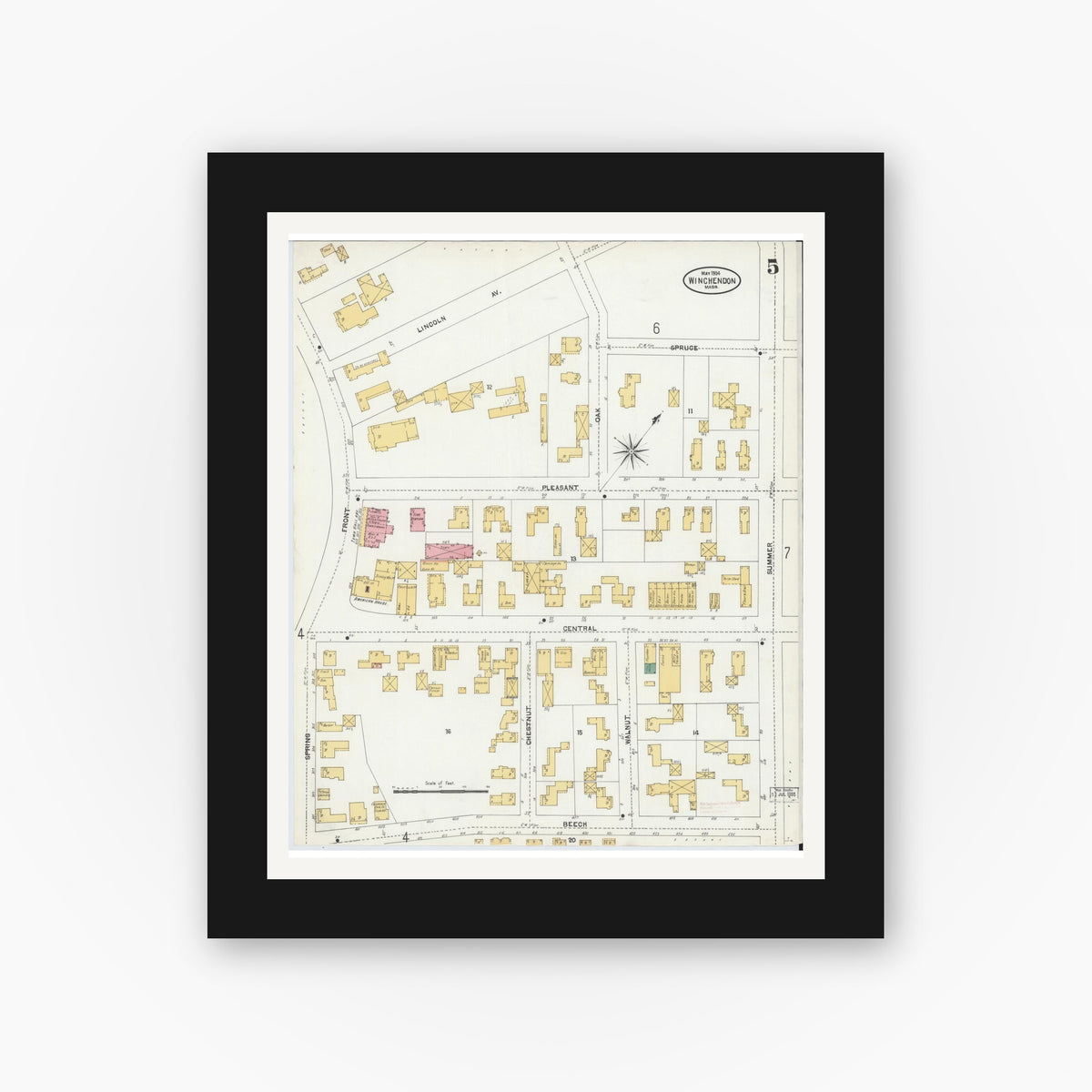 Old map wall art mockup — black gallery frame with white mat — Sanborn Fire Insurance Map from Winchendon, Worcester County, Massachusetts (1904), Sheet #0005