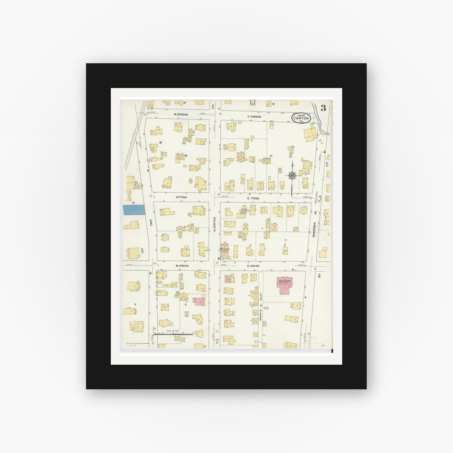 Old map wall art mockup — black gallery frame with white mat — Sanborn Fire Insurance Map from Canton, Bradford County, Pennsylvania (1911), Sheet #0003