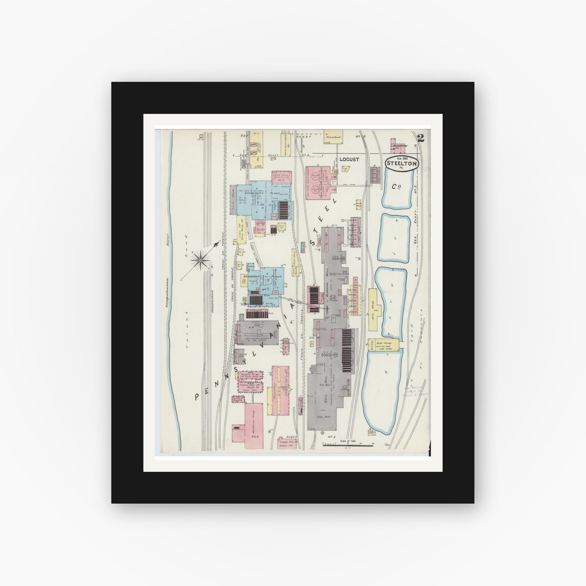 Old map wall art mockup — black gallery frame with white mat — Sanborn Fire Insurance Map from Steelton, Dauphin County, Pennsylvania (1890), Sheet #0002