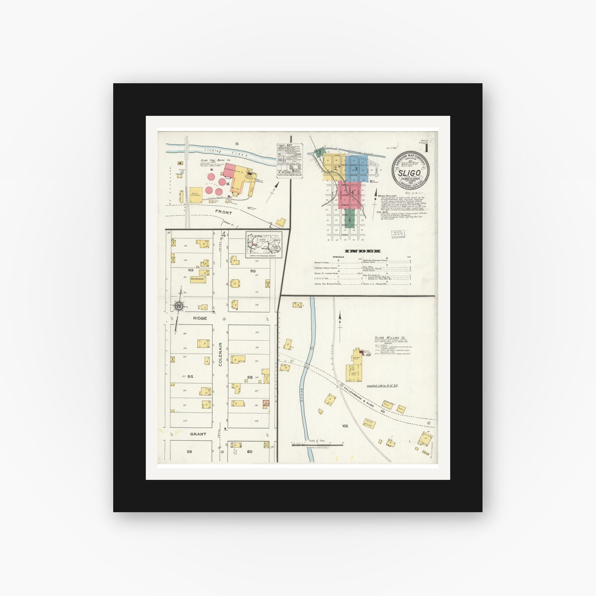 Old map wall art mockup — black gallery frame with white mat — Sanborn Fire Insurance Map from Sligo, Clarion County, Pennsylvania (1921) - Complete Map Set