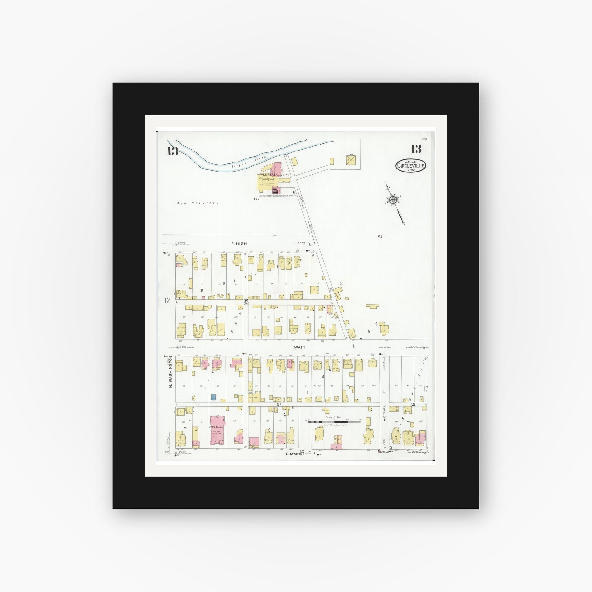 Old map wall art mockup — black gallery frame with white mat — Sanborn Fire Insurance Map from Circleville, Pickaway County, Ohio (1927), Sheet #0013
