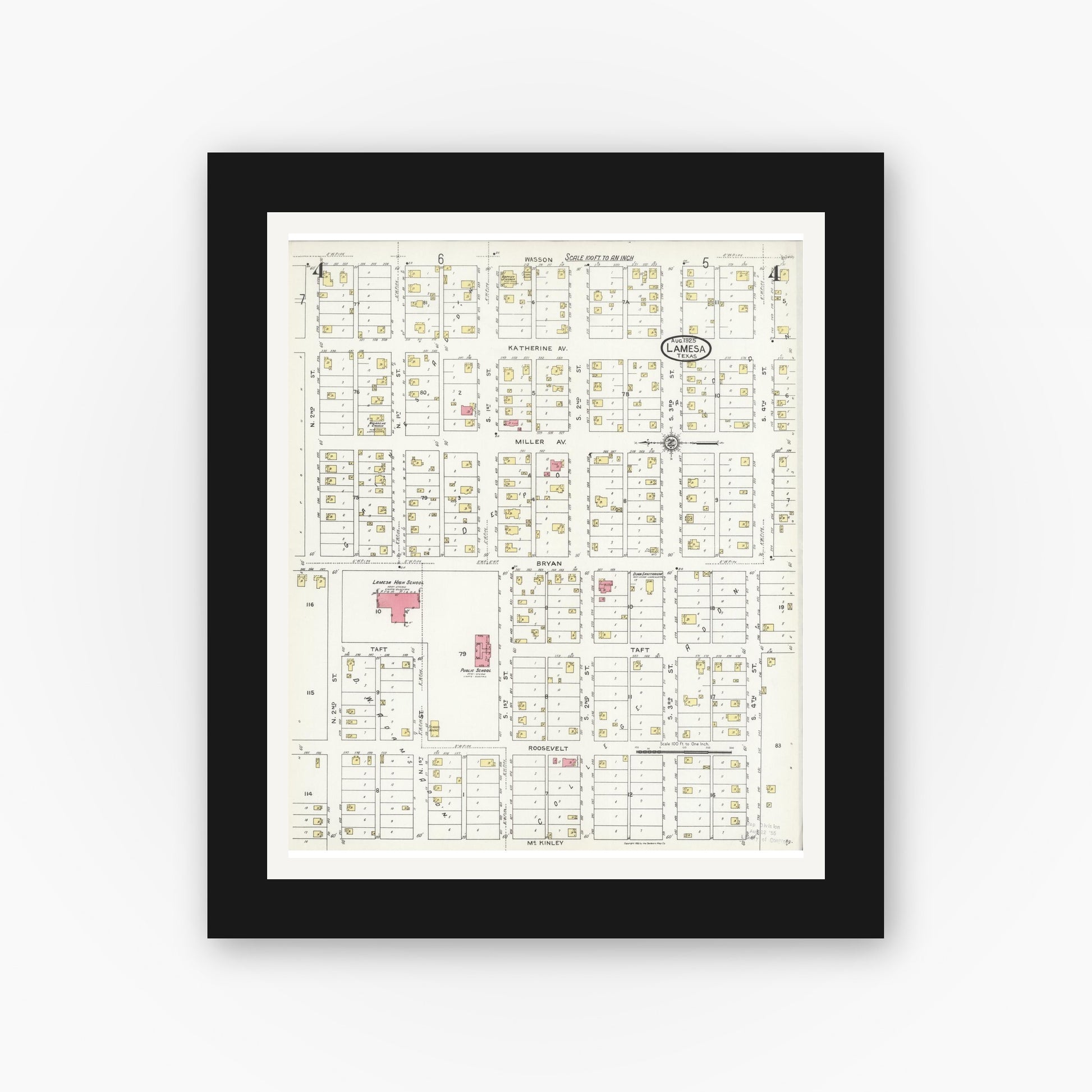 Old map wall art mockup — black gallery frame with white mat — Sanborn Fire Insurance Map from Lamesa, Dawson County, Texas (1925), Sheet #0004