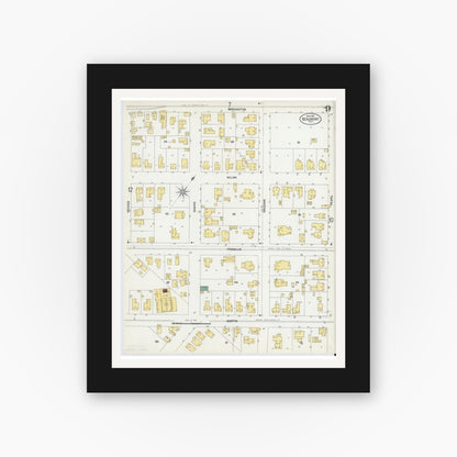 Old map wall art mockup — black gallery frame with white mat — Sanborn Fire Insurance Map from Beaumont, Jefferson County, Texas (1902), Sheet #0009