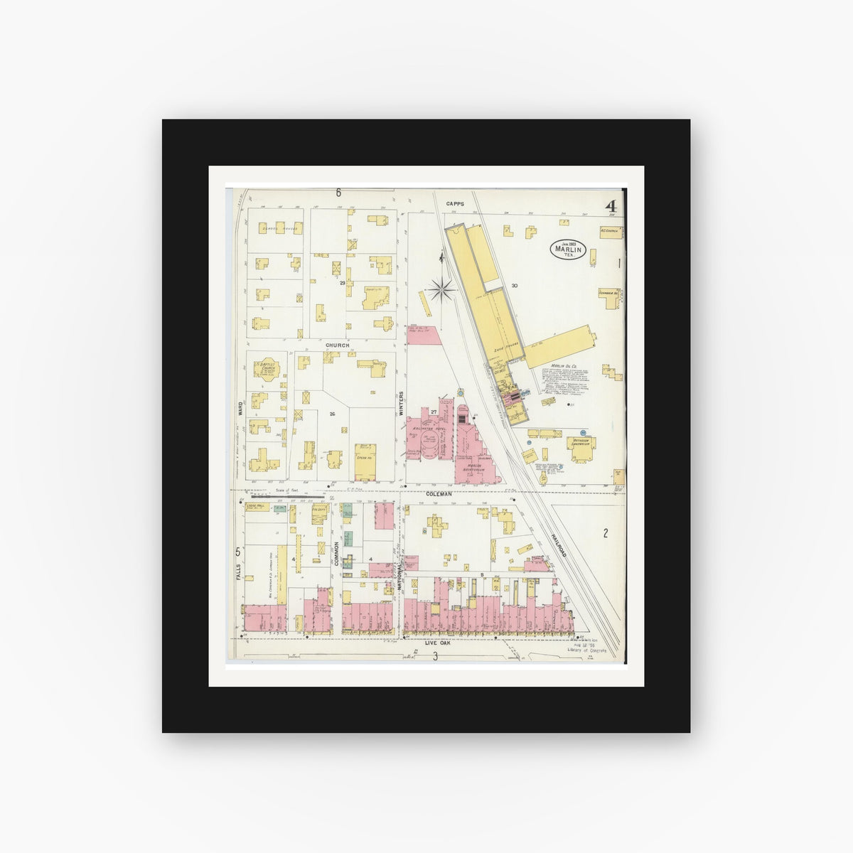 Old map wall art mockup — black gallery frame with white mat — Sanborn Fire Insurance Map from Marlin, Falls County, Texas (1903), Sheet #0004