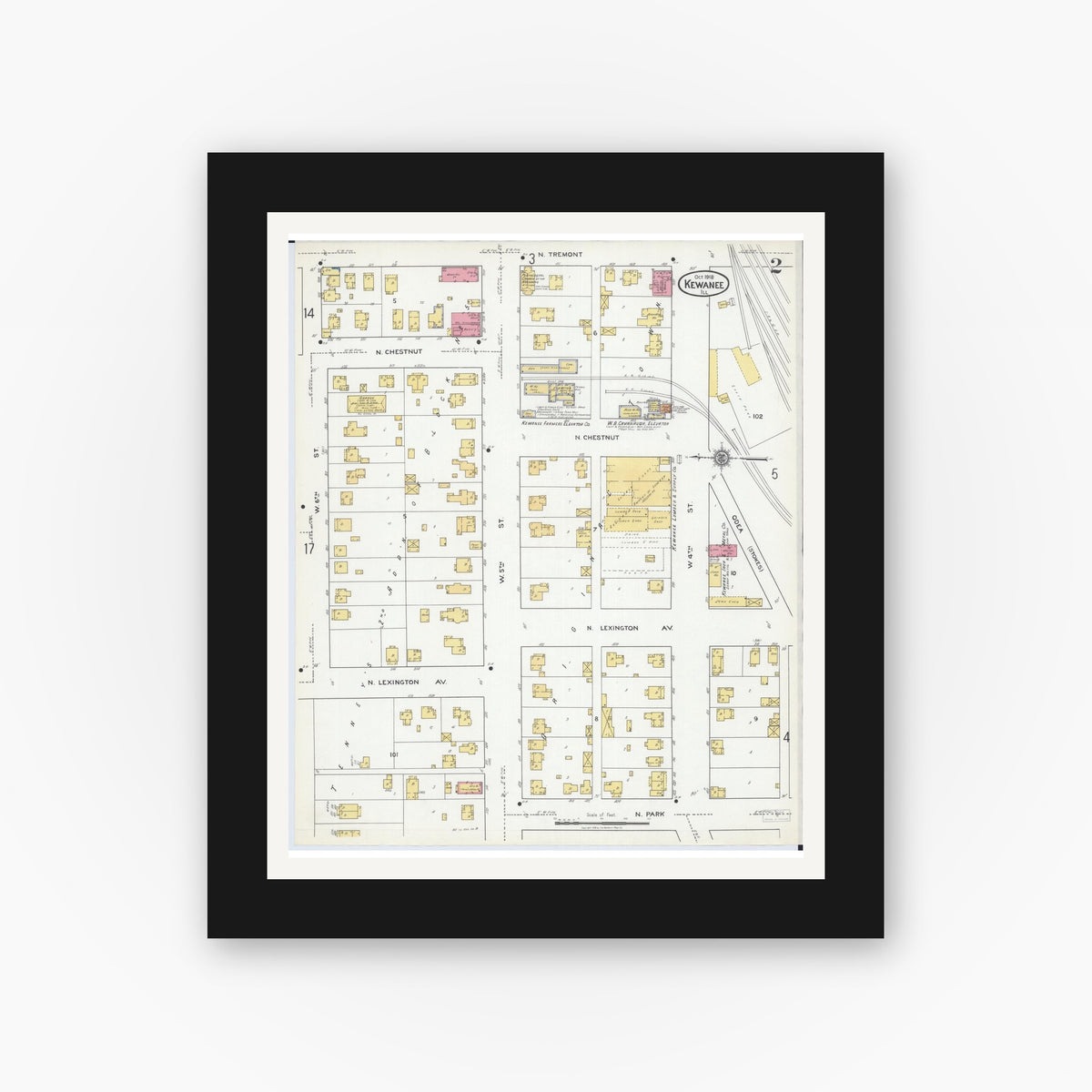 Old map wall art mockup — black gallery frame with white mat — Sanborn Fire Insurance Map from Kewanee, Henry County, Illinois (1918), Sheet #0002