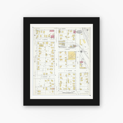 Old map wall art mockup — black gallery frame with white mat — Sanborn Fire Insurance Map from Kewanee, Henry County, Illinois (1918), Sheet #0002