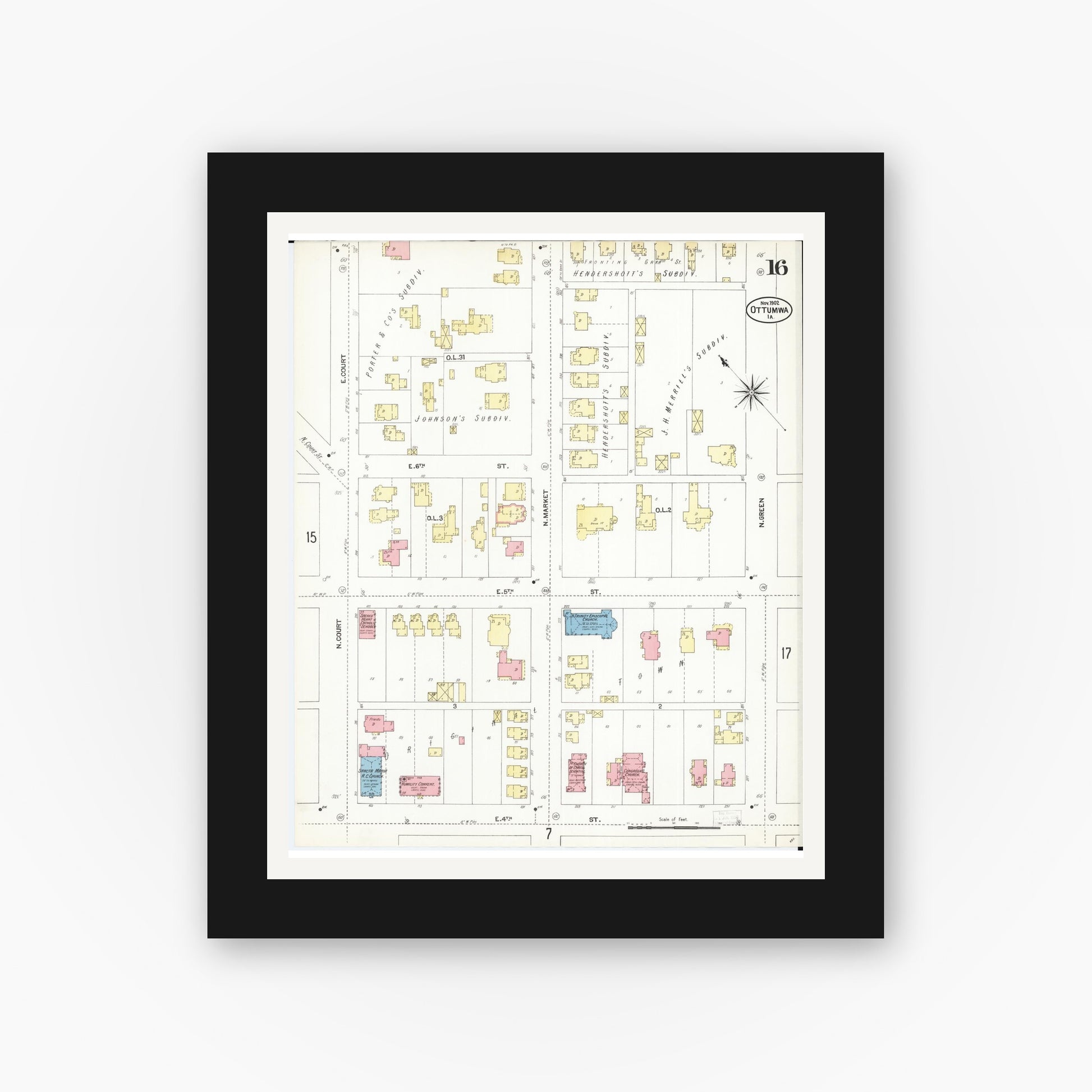 Old map wall art mockup — black gallery frame with white mat — Sanborn Fire Insurance Map from Ottumwa, Wapello County, Iowa (1902), Sheet #0016