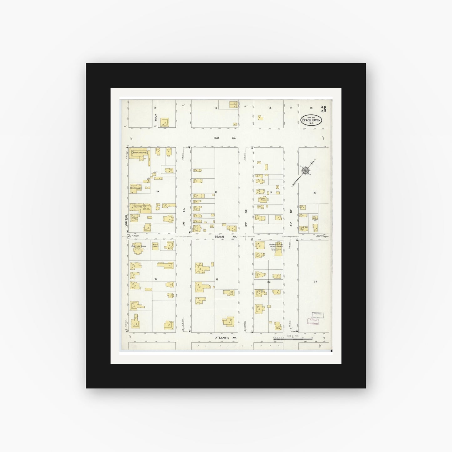 Old map wall art mockup — black gallery frame with white mat — Sanborn Fire Insurance Map from Beach Haven, Ocean County, New Jersey (1911), Sheet #0003