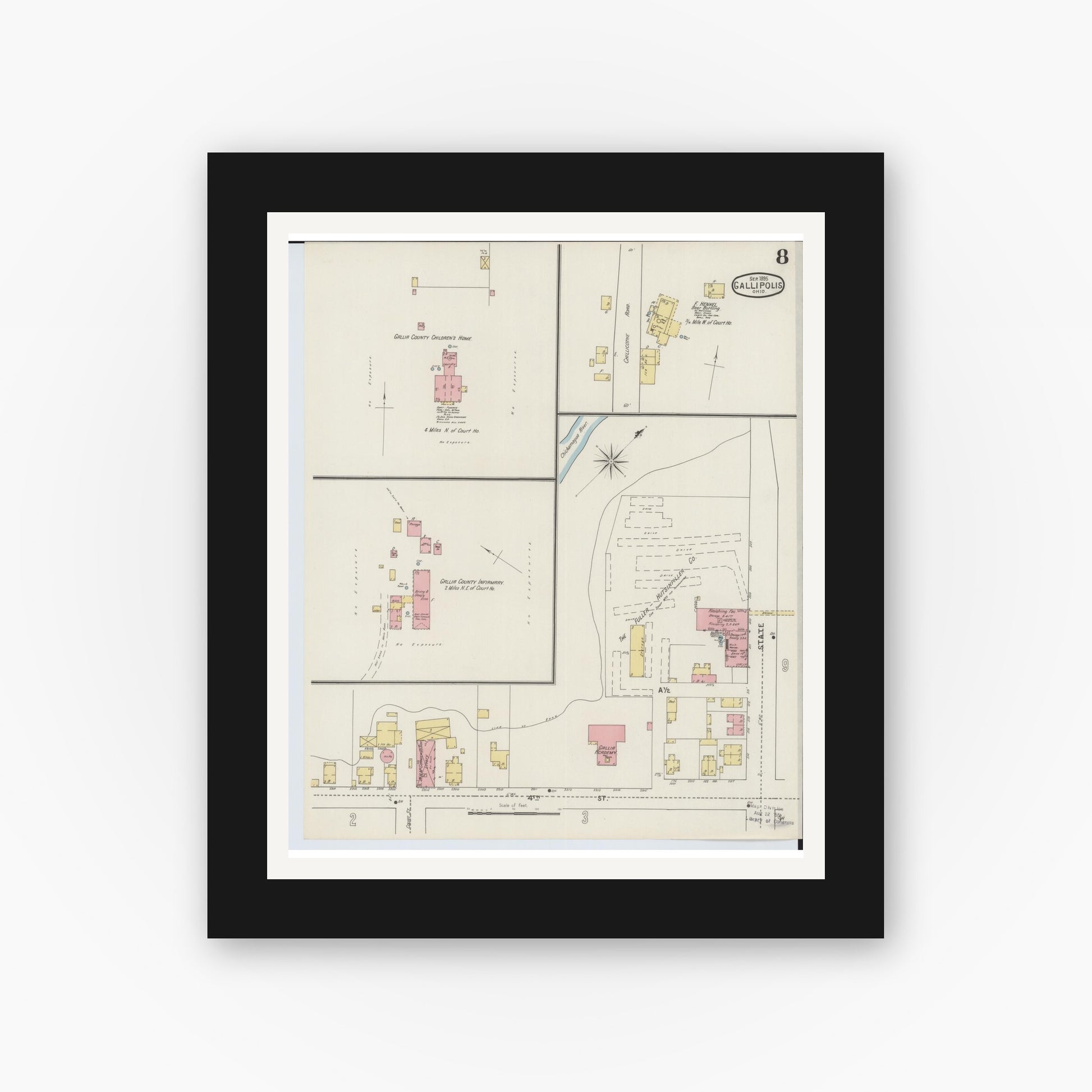 Old map wall art mockup — black gallery frame with white mat — Sanborn Fire Insurance Map from Gallipolis, Gallia County, Ohio (1895), Sheet #0008
