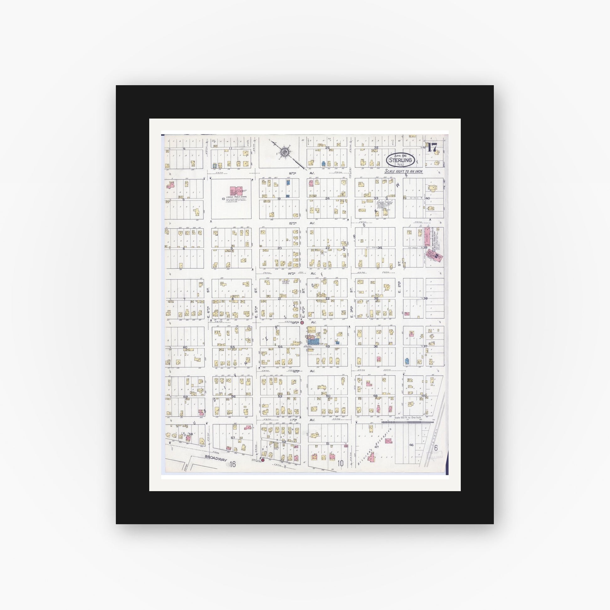 Old map wall art mockup — black gallery frame with white mat — Sanborn Fire Insurance Map from Sterling, Whiteside County, Illinois (1916), Sheet #0017