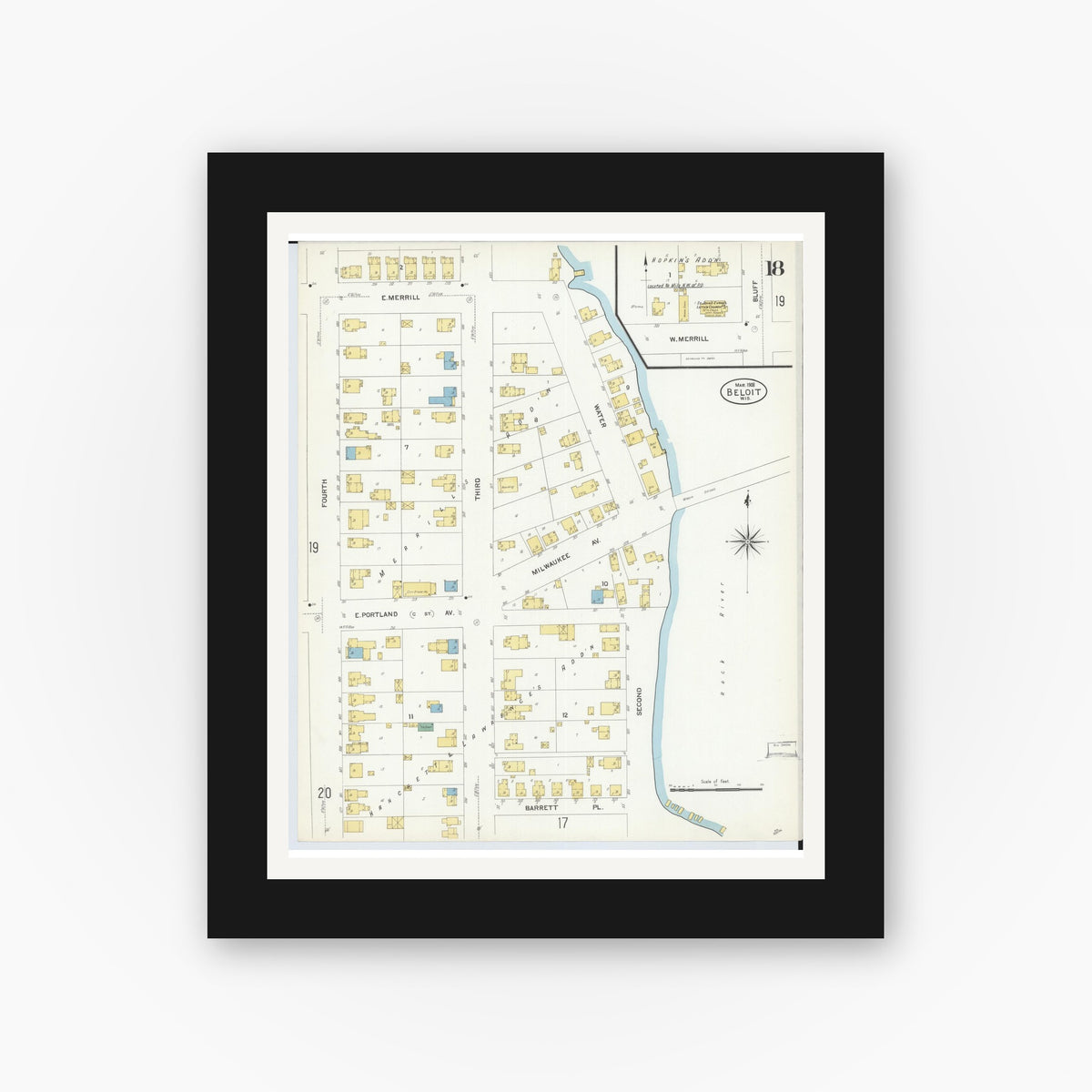 Old map wall art mockup — black gallery frame with white mat — Sanborn Fire Insurance Map from Beloit, Rock County, Wisconsin (1908), Sheet #0018