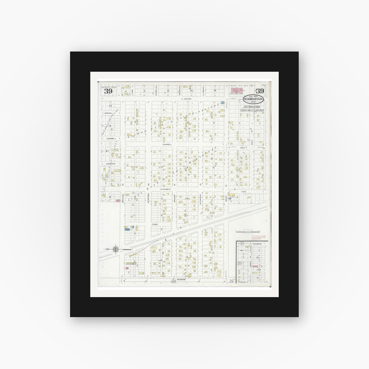 Old map wall art mockup — black gallery frame with white mat — Sanborn Fire Insurance Map from Iron Mountain, Dickinson County, Michigan (1930), Sheet #0039