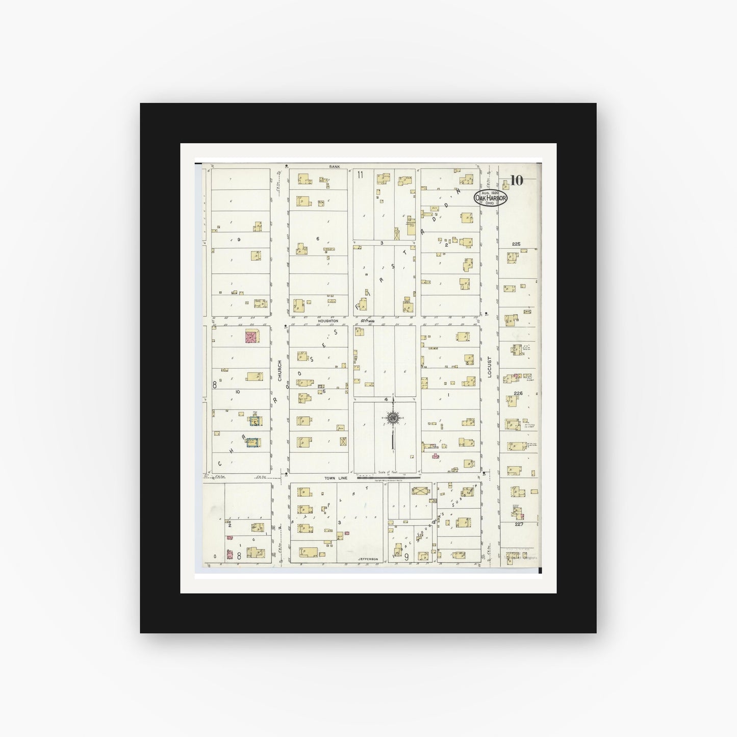 Old map wall art mockup — black gallery frame with white mat — Sanborn Fire Insurance Map from Oak Harbor, Ottawa County, Ohio (1920), Sheet #0010