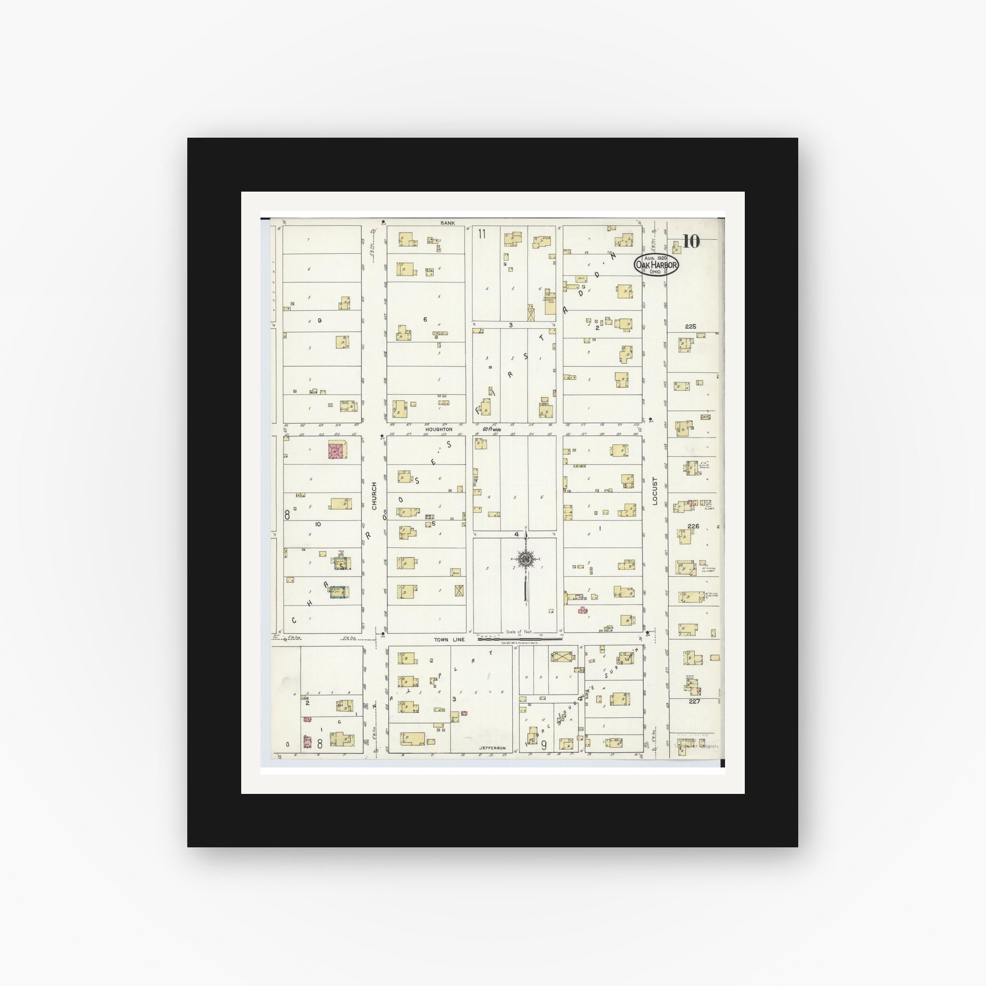 Old map wall art mockup — black gallery frame with white mat — Sanborn Fire Insurance Map from Oak Harbor, Ottawa County, Ohio (1920), Sheet #0010
