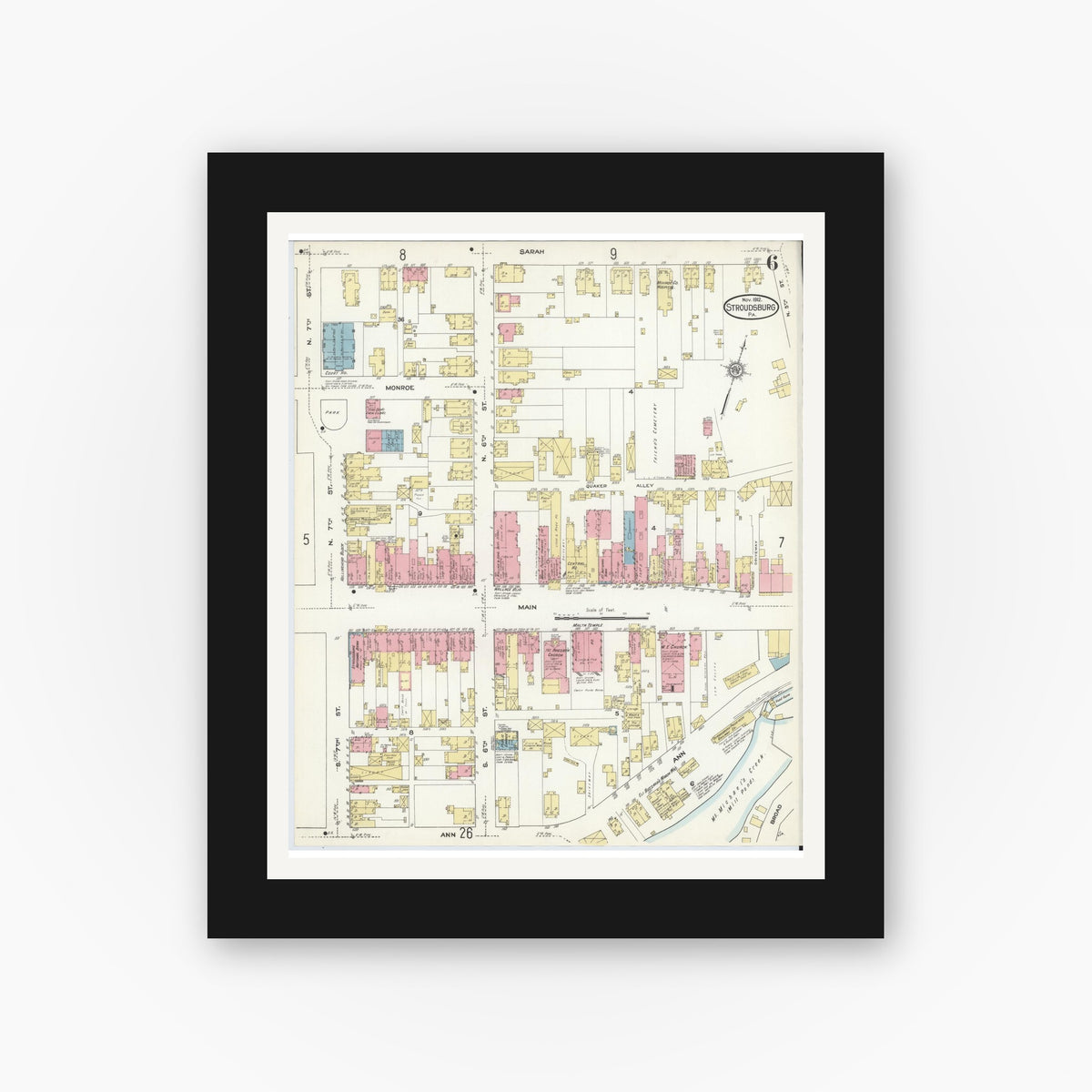 Old map wall art mockup — black gallery frame with white mat — Sanborn Fire Insurance Map from Stroudsburg, Monroe County, Pennsylvania (1912), Sheet #0006
