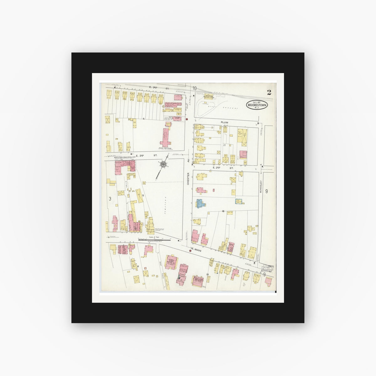 Old map wall art mockup — black gallery frame with white mat — Sanborn Fire Insurance Map from Moorestown, Burlington County, New Jersey (1917) - Complete Map Set