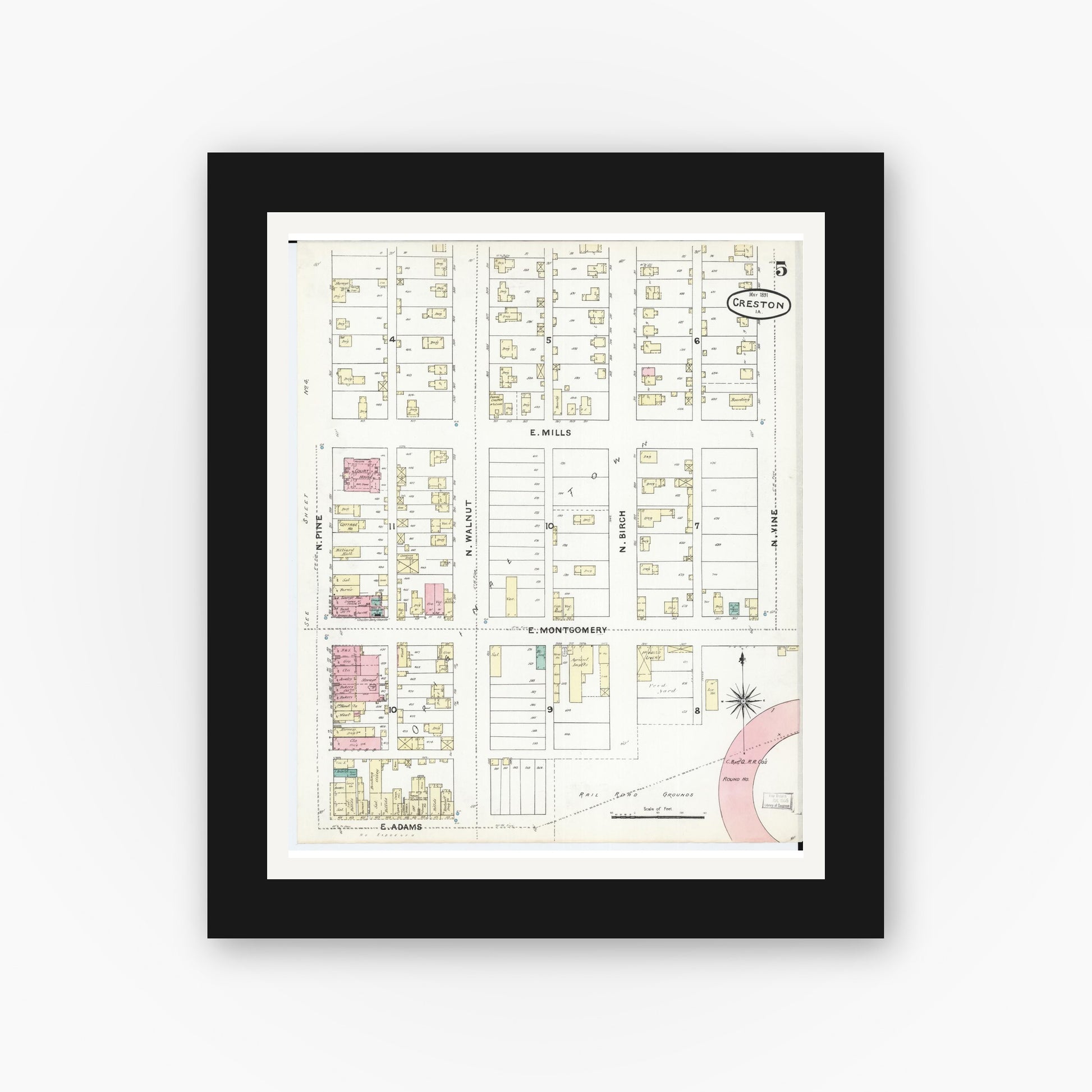 Old map wall art mockup — black gallery frame with white mat — Sanborn Fire Insurance Map from Creston, Union County, Iowa (1891), Sheet #0005