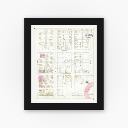 Old map wall art mockup — black gallery frame with white mat — Sanborn Fire Insurance Map from Creston, Union County, Iowa (1891), Sheet #0005