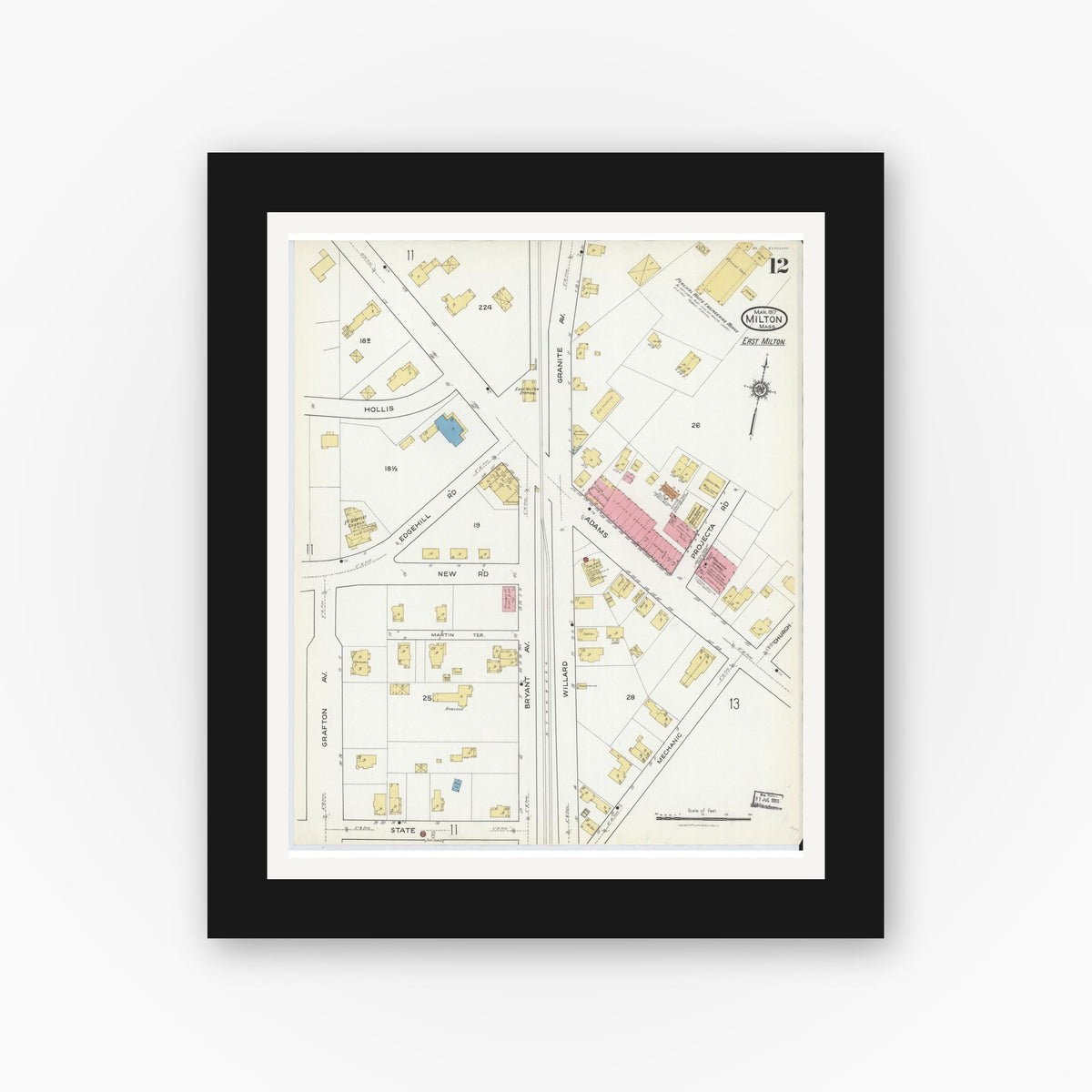 Old map wall art mockup — black gallery frame with white mat — Sanborn Fire Insurance Map from Milton, Norfolk County, Massachusetts (1917), Sheet #0012