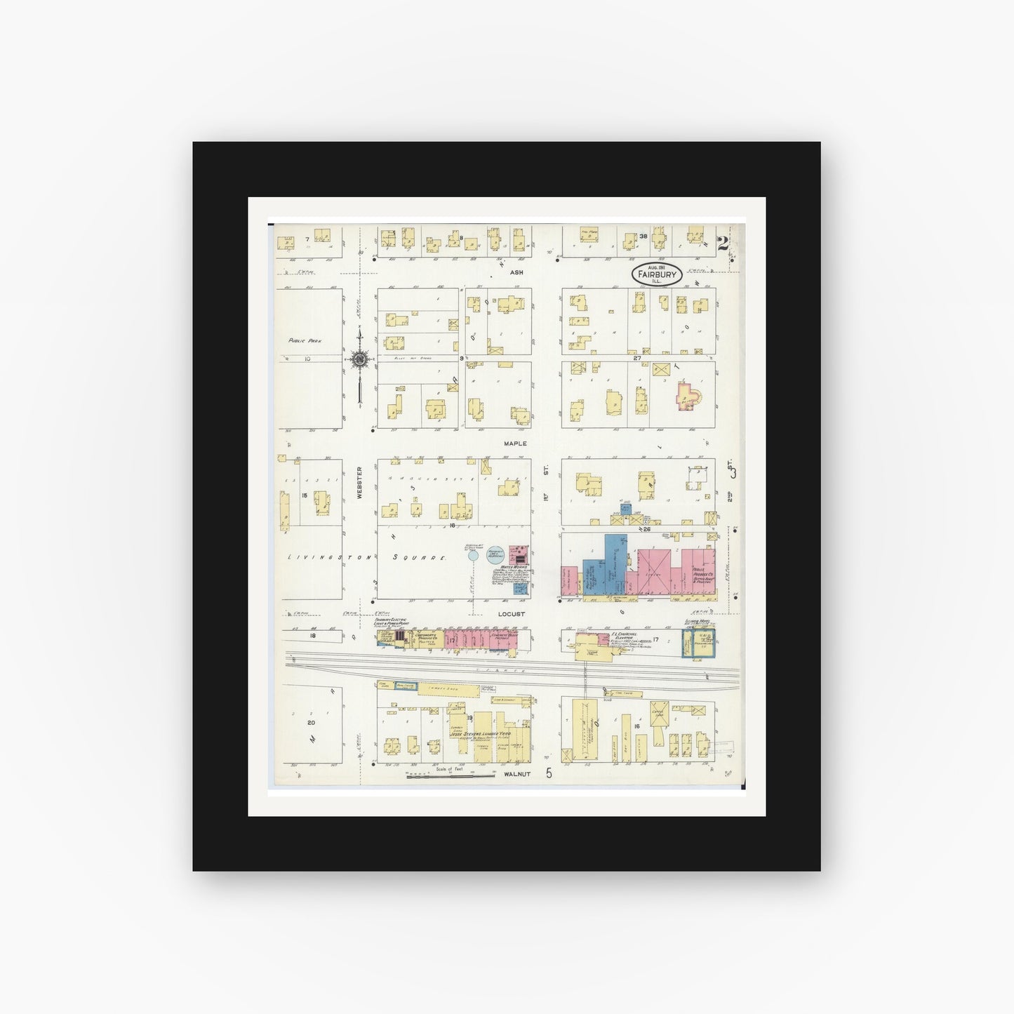 Old map wall art mockup — black gallery frame with white mat — Sanborn Fire Insurance Map from Fairbury, Livingston County, Illinois (1911), Sheet #0002