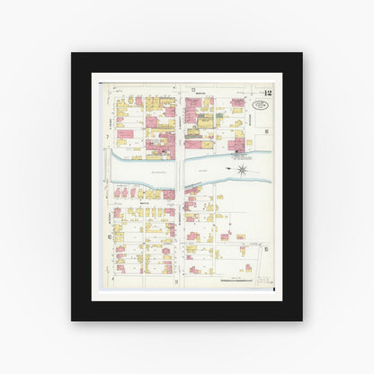 Old map wall art mockup — black gallery frame with white mat — Sanborn Fire Insurance Map from Tiffin, Seneca County, Ohio (1908), Sheet #0012