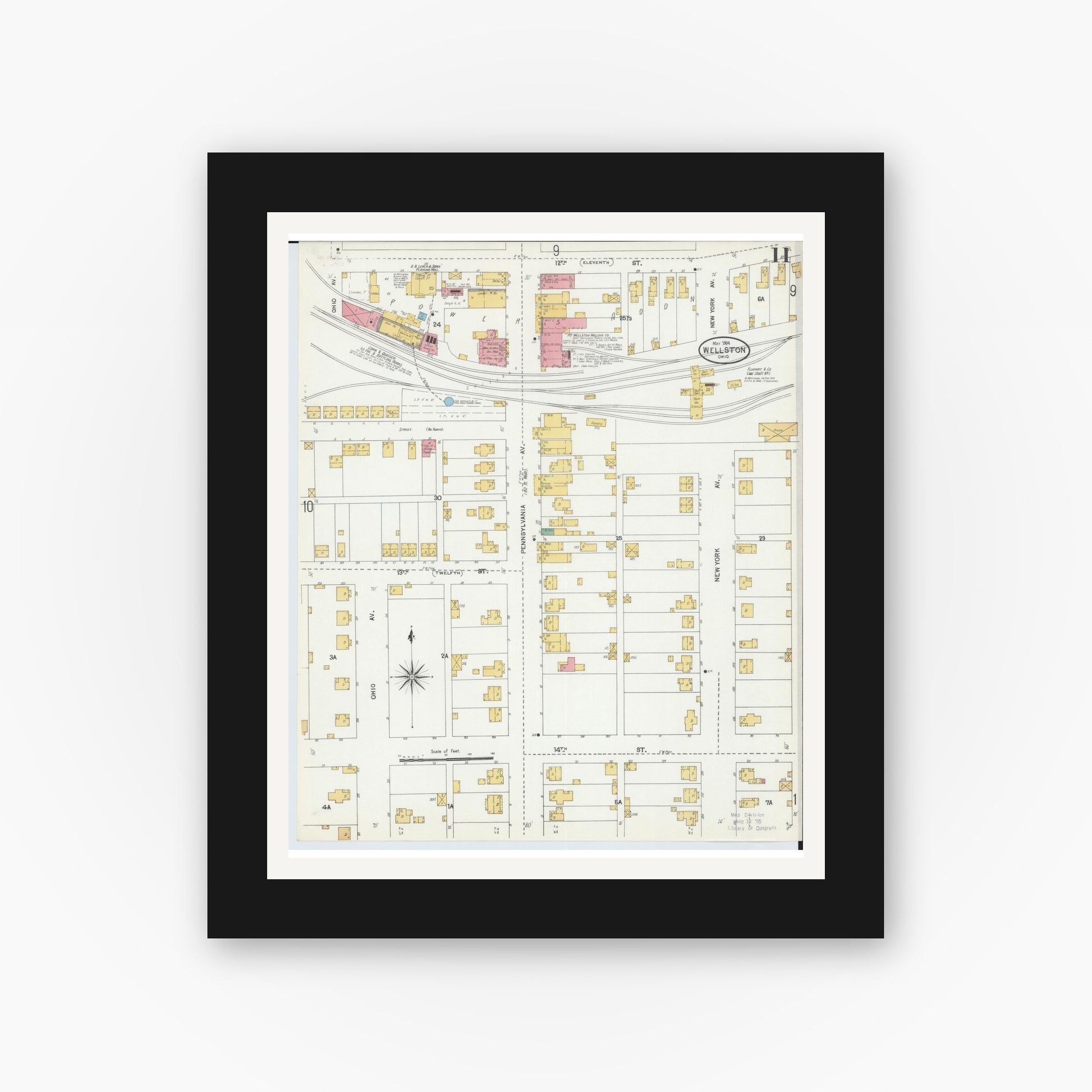 Old map wall art mockup — black gallery frame with white mat — Sanborn Fire Insurance Map from Wellston, Jackson County, Ohio (1904), Sheet #0011