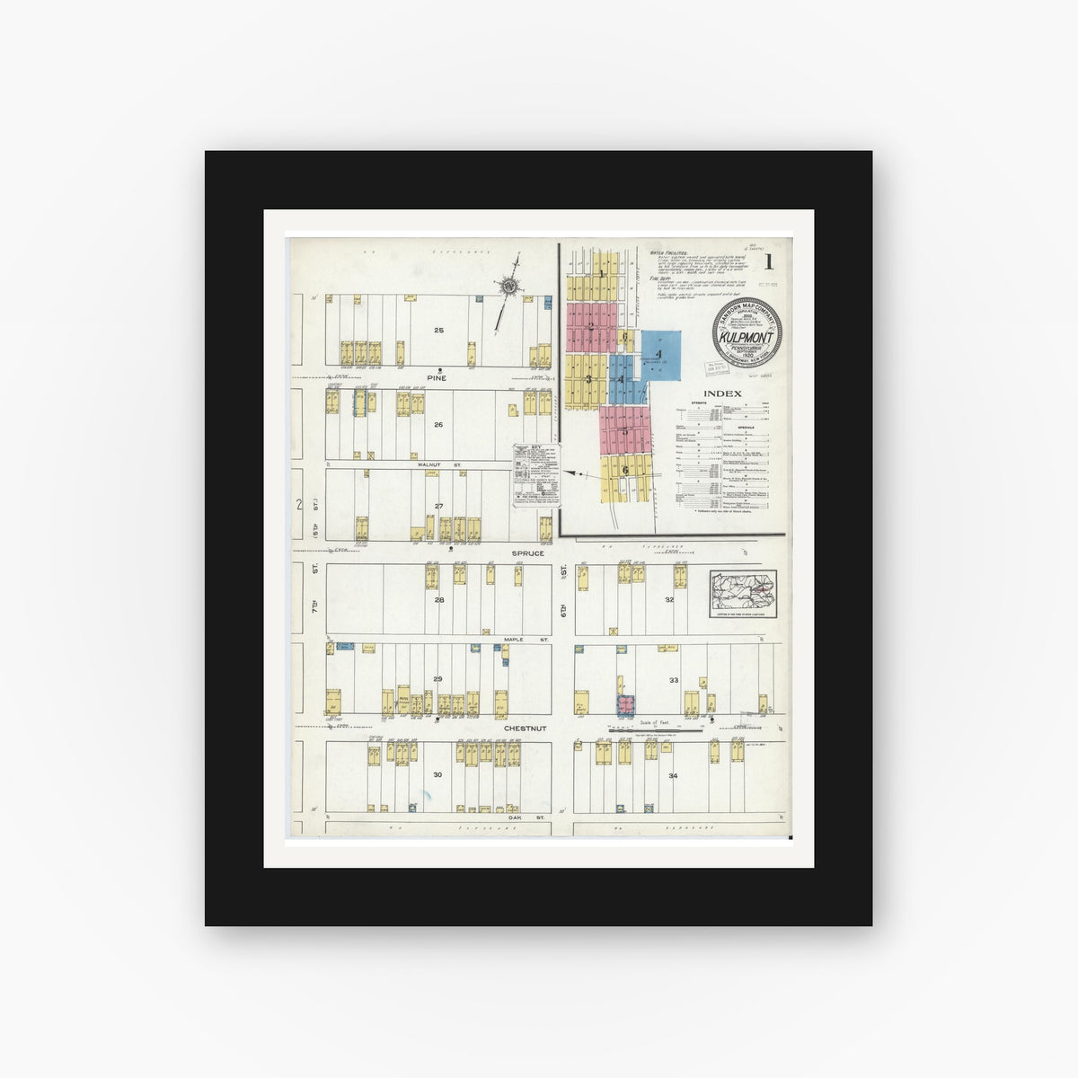 Old map wall art mockup — black gallery frame with white mat — Sanborn Fire Insurance Map from Kulpmont, Northumberland County, Pennsylvania (1920) - Complete Map Set