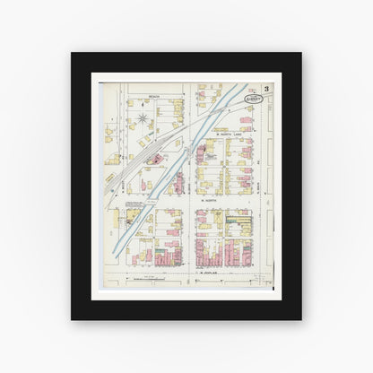 Old map wall art mockup — black gallery frame with white mat — Sanborn Fire Insurance Map from Sidney, Shelby County, Ohio (1892), Sheet #0003