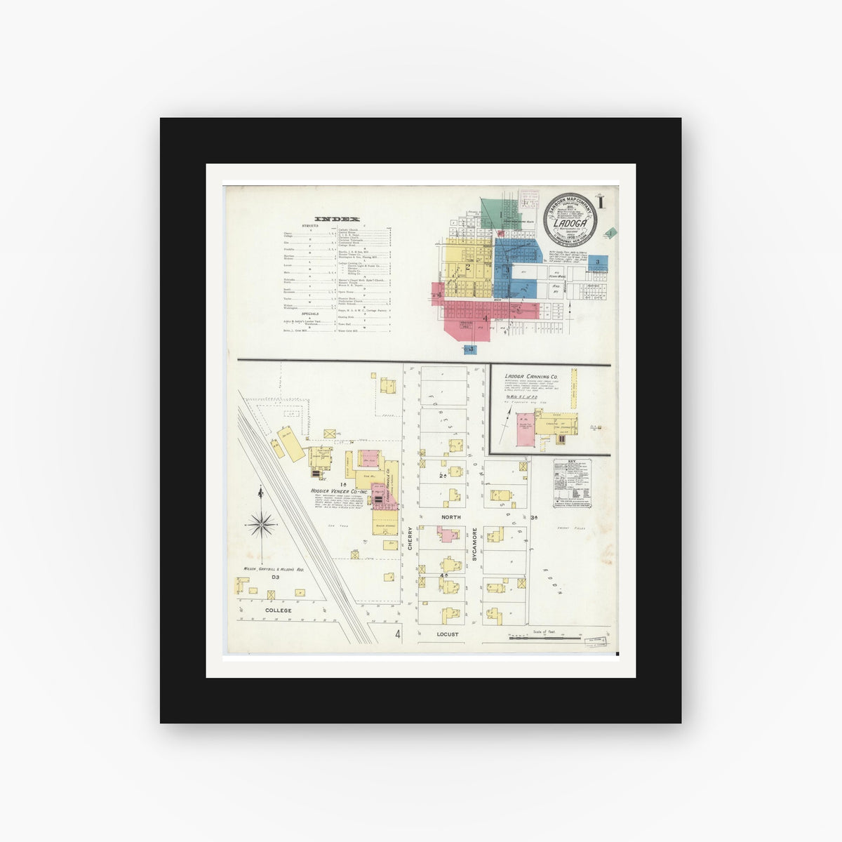 Old map wall art mockup — black gallery frame with white mat — Sanborn Fire Insurance Map from Ladoga, Montgomery County, Indiana (1908) - Complete Map Set