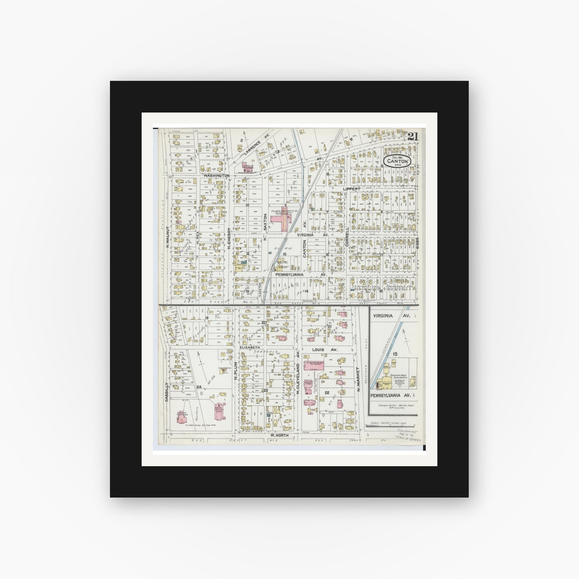 Old map wall art mockup — black gallery frame with white mat — Sanborn Fire Insurance Map from Canton, Stark County, Ohio (1891), Sheet #0021