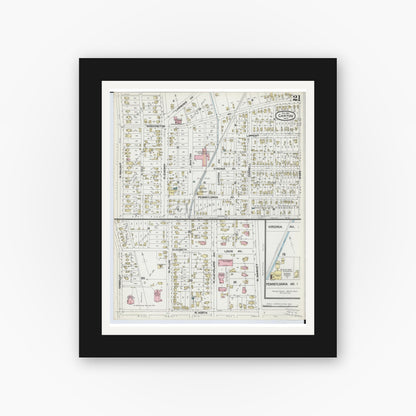 Old map wall art mockup — black gallery frame with white mat — Sanborn Fire Insurance Map from Canton, Stark County, Ohio (1891), Sheet #0021