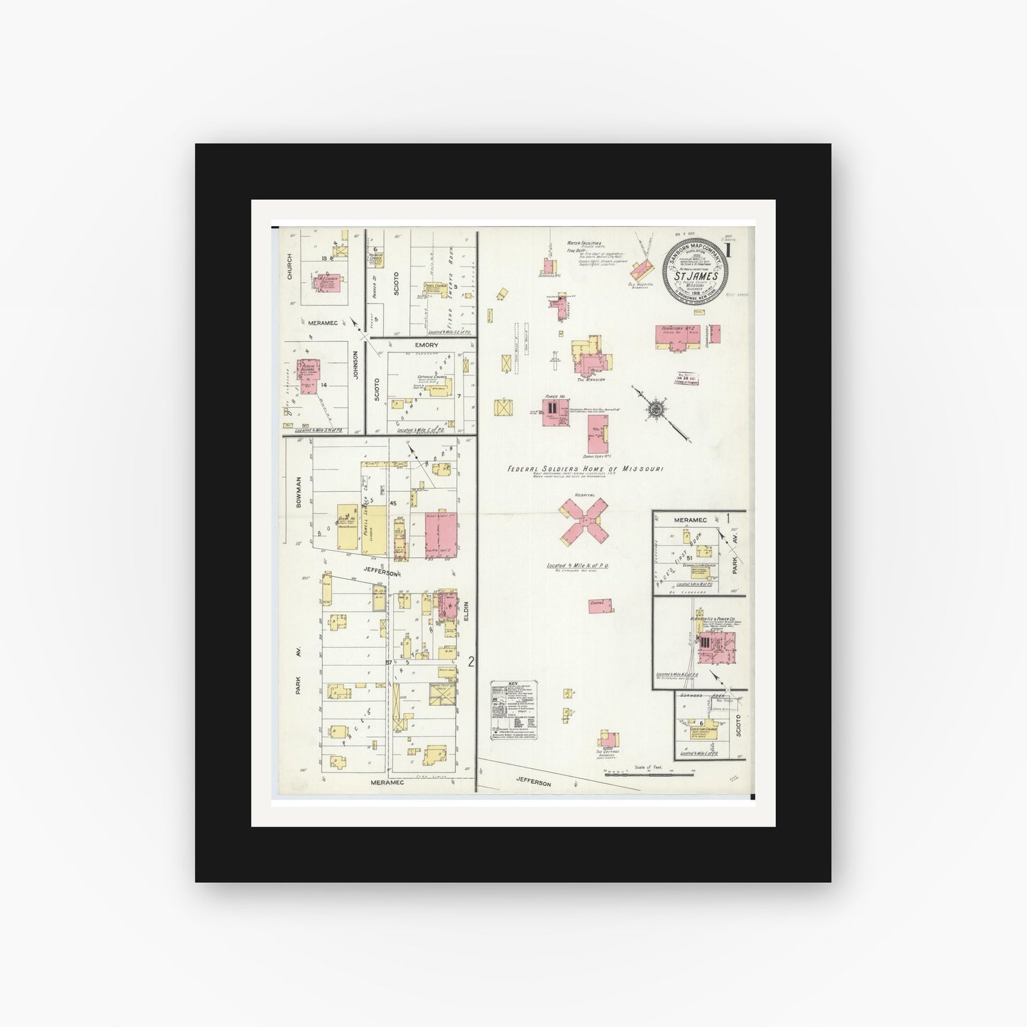 Old map wall art mockup — black gallery frame with white mat — Sanborn Fire Insurance Map from Saint James, Phelps County, Missouri (1910) - Complete Map Set
