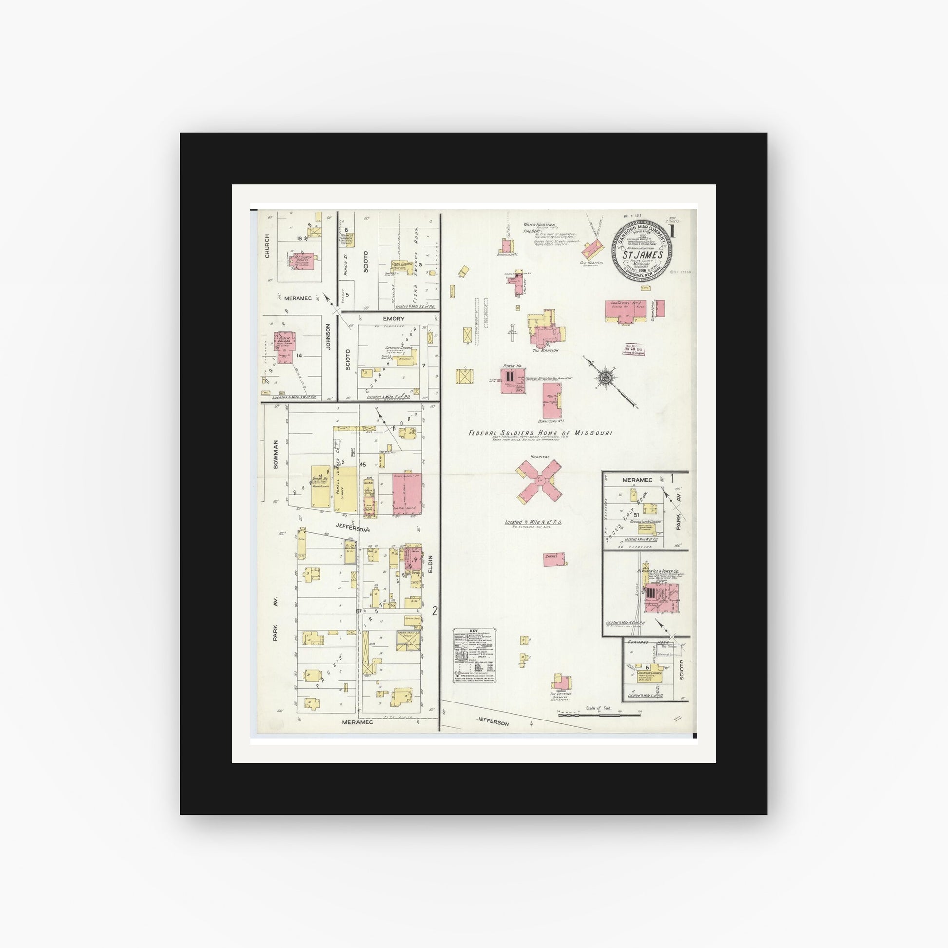 Old map wall art mockup — black gallery frame with white mat — Sanborn Fire Insurance Map from Saint James, Phelps County, Missouri (1910) - Complete Map Set