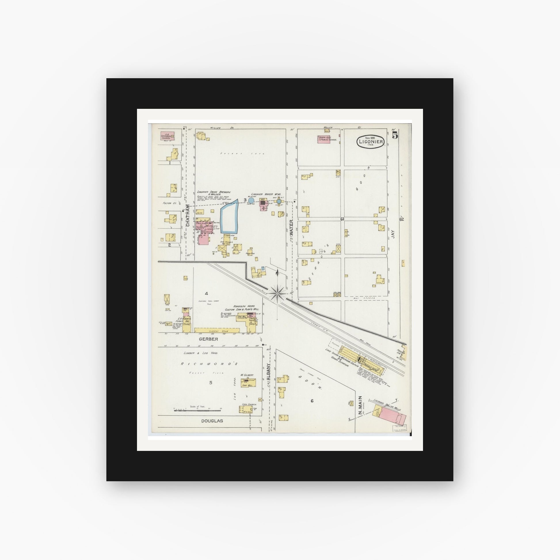 Old map wall art mockup — black gallery frame with white mat — Sanborn Fire Insurance Map from Ligonier, Noble County, Indiana (1892), Sheet #0005