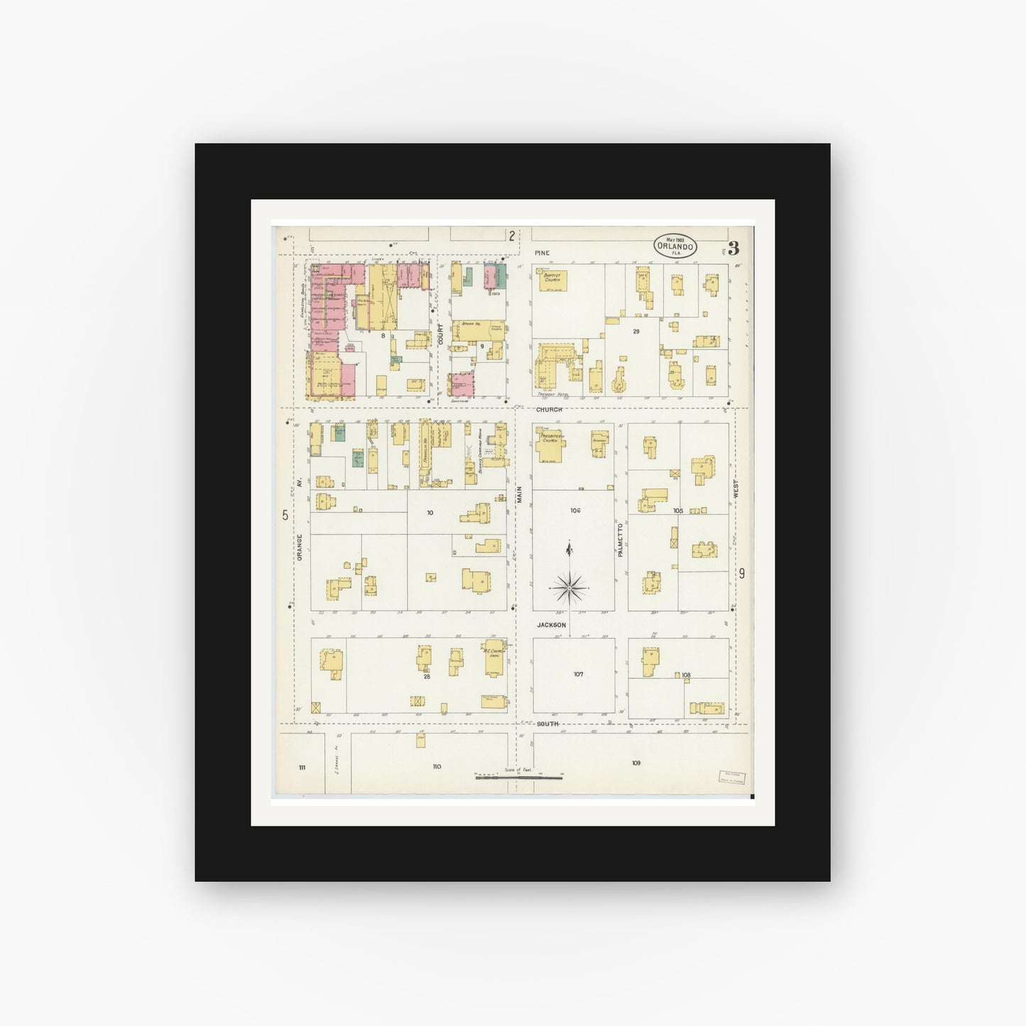 Old map wall art mockup — black gallery frame with white mat — Sanborn Fire Insurance Map from Orlando, Orange County, Florida (1903), Sheet #0003
