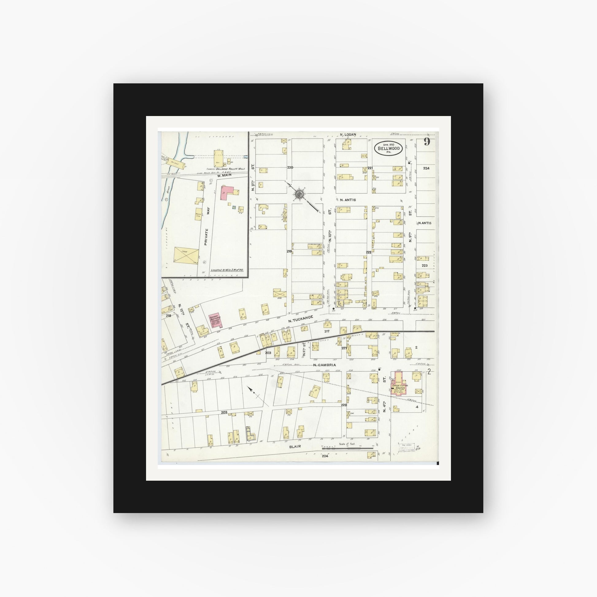 Old map wall art mockup — black gallery frame with white mat — Sanborn Fire Insurance Map from Bellwood, Blair County, Pennsylvania (1910), Sheet #0009