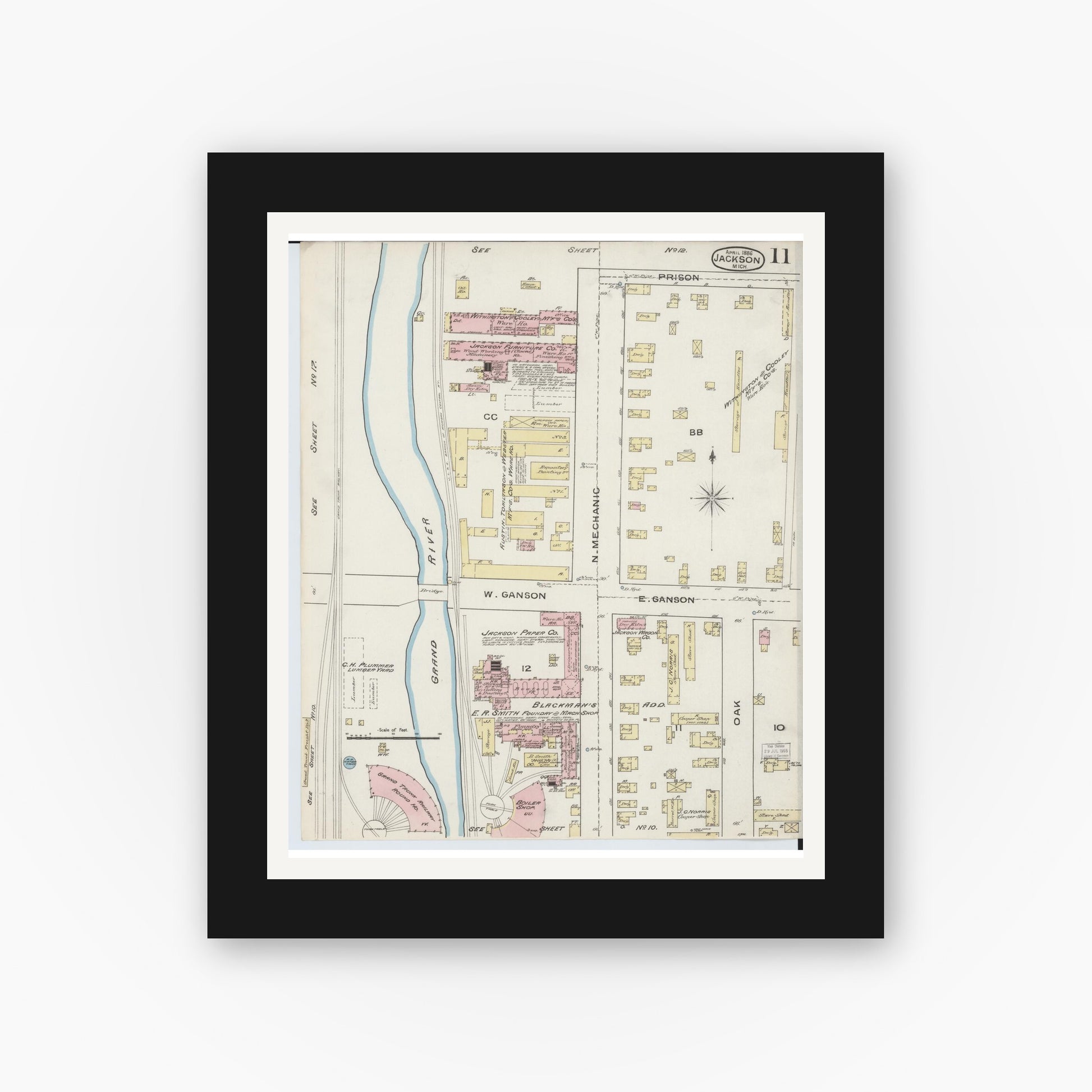 Old map wall art mockup — black gallery frame with white mat — Sanborn Fire Insurance Map from Jackson, Jackson County, Michigan (1886), Sheet #0011