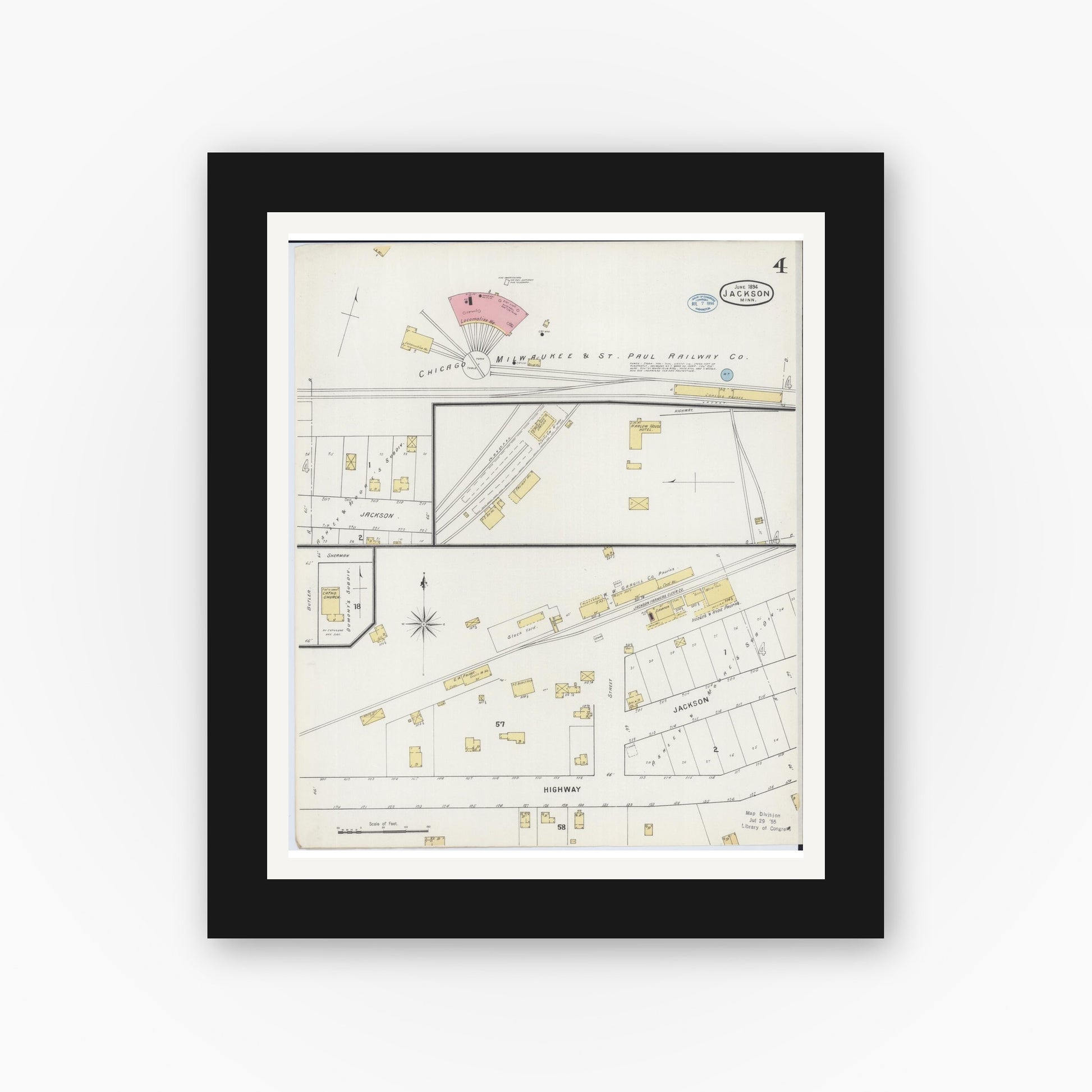 Old map wall art mockup — black gallery frame with white mat — Sanborn Fire Insurance Map from Jackson, Jackson County, Minnesota (1894), Sheet #0004