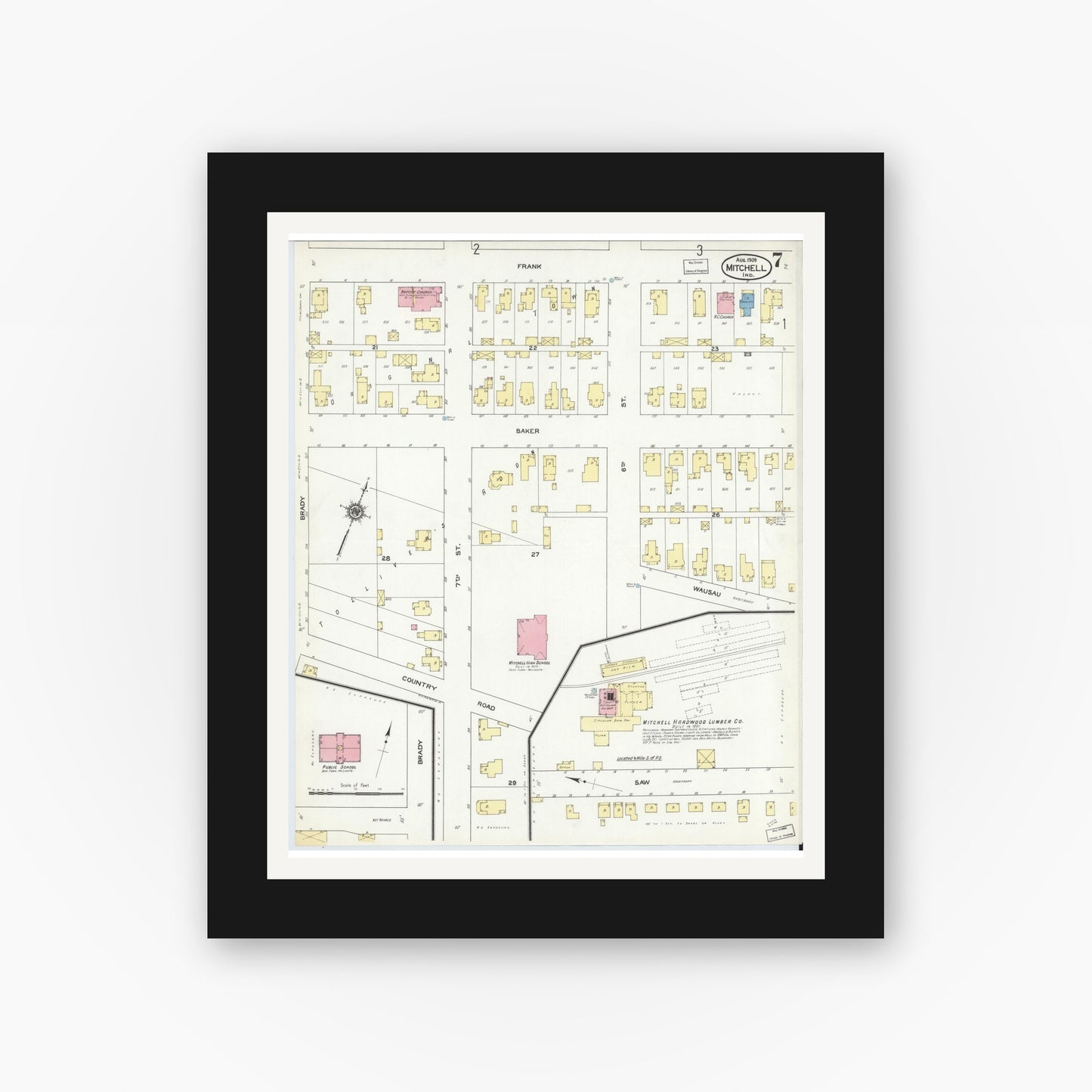 Old map wall art mockup — black gallery frame with white mat — Sanborn Fire Insurance Map from Mitchell, Lawrence County, Indiana (1909), Sheet #0007