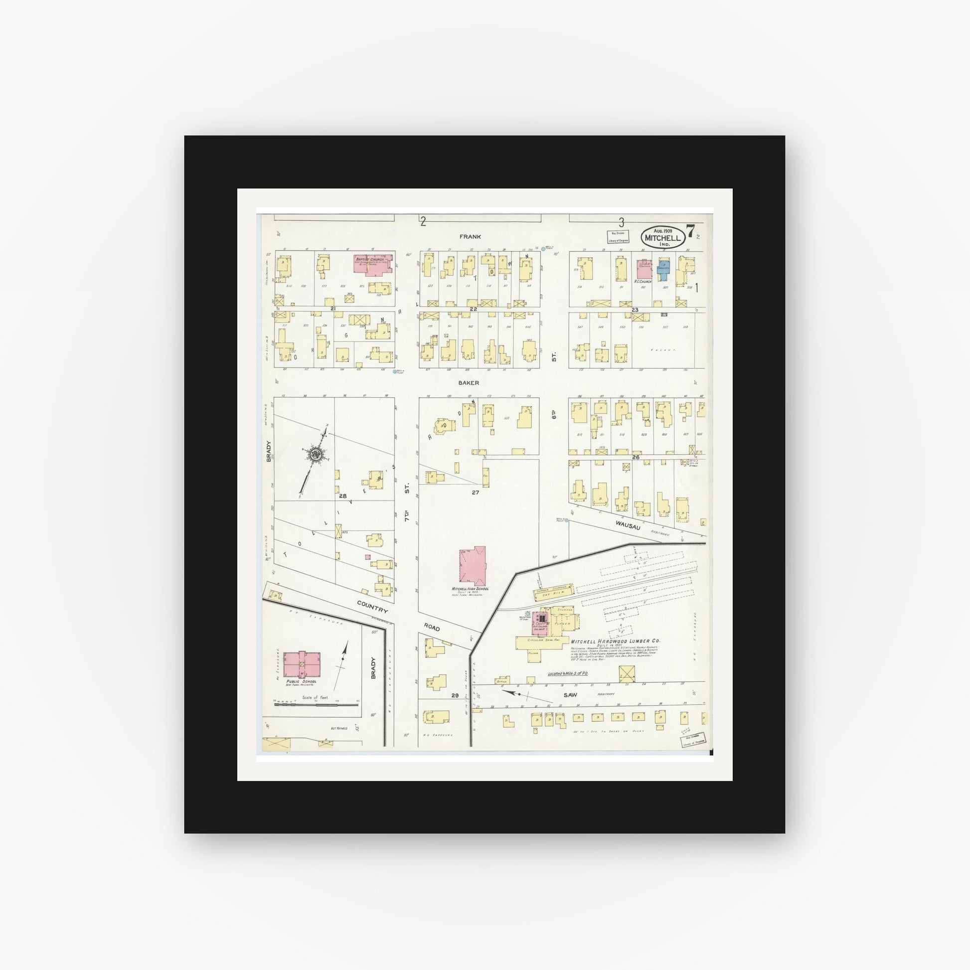 Old map wall art mockup — black gallery frame with white mat — Sanborn Fire Insurance Map from Mitchell, Lawrence County, Indiana (1909), Sheet #0007