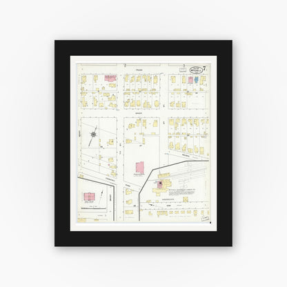 Old map wall art mockup — black gallery frame with white mat — Sanborn Fire Insurance Map from Mitchell, Lawrence County, Indiana (1909), Sheet #0007