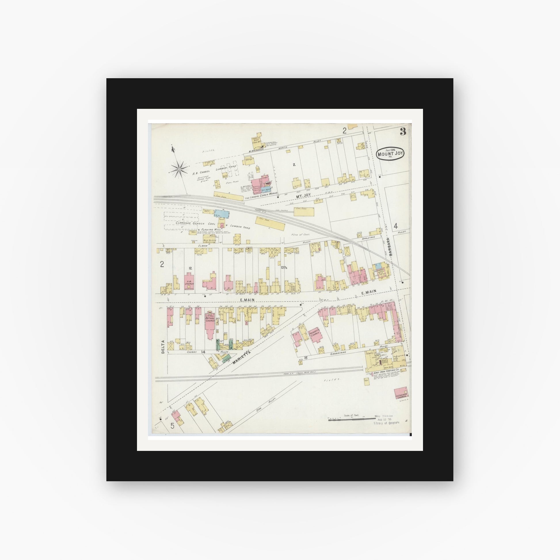 Old map wall art mockup — black gallery frame with white mat — Sanborn Fire Insurance Map from Mount Joy, Lancaster County, Pennsylvania (1896), Sheet #0003