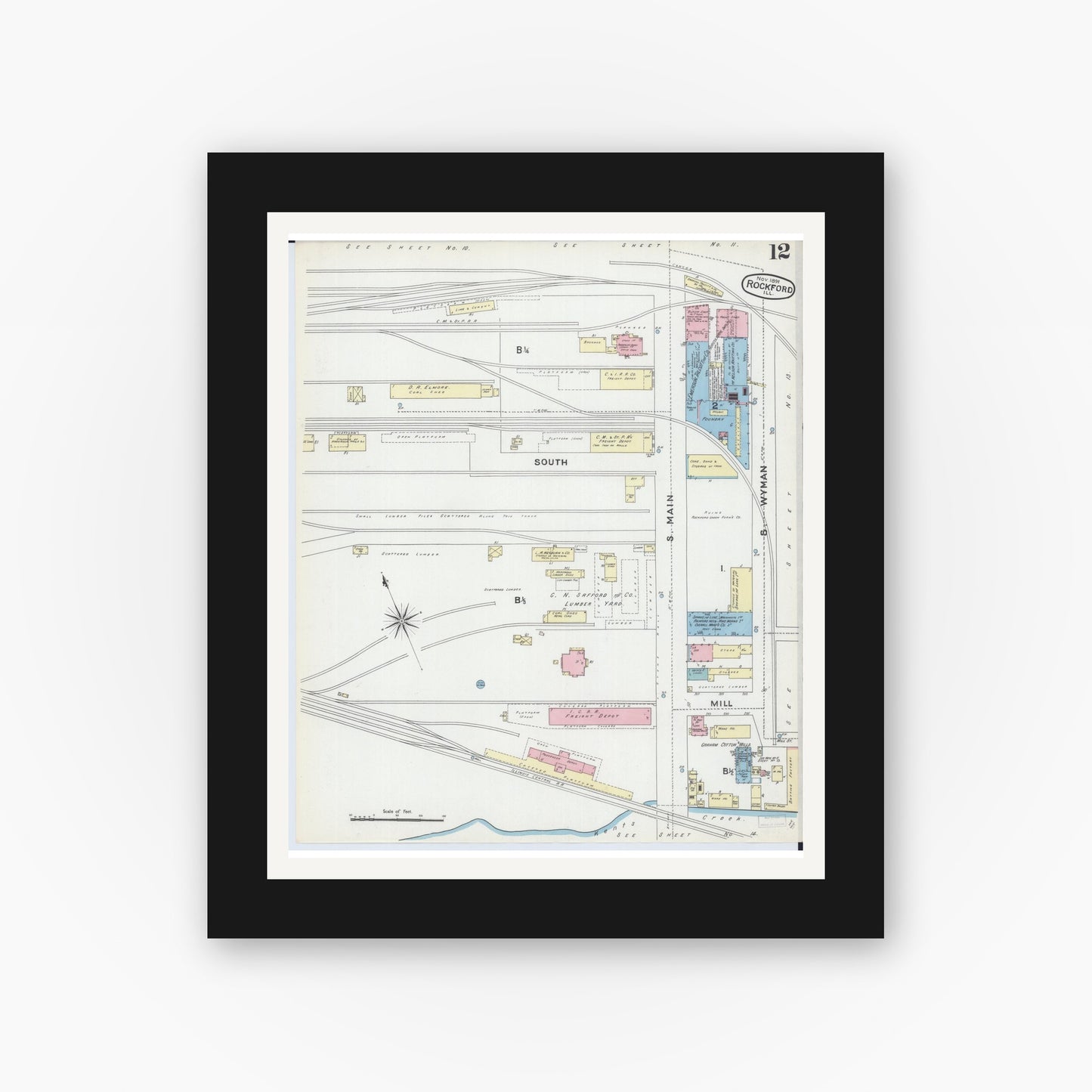 Old map wall art mockup — black gallery frame with white mat — Sanborn Fire Insurance Map from Rockford, Winnebago County, Illinois (1891), Sheet #0012