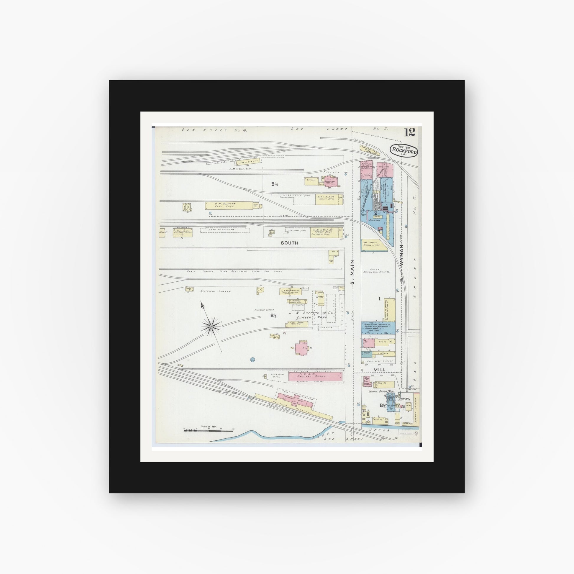 Old map wall art mockup — black gallery frame with white mat — Sanborn Fire Insurance Map from Rockford, Winnebago County, Illinois (1891), Sheet #0012