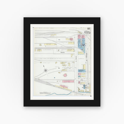 Old map wall art mockup — black gallery frame with white mat — Sanborn Fire Insurance Map from Rockford, Winnebago County, Illinois (1891), Sheet #0012