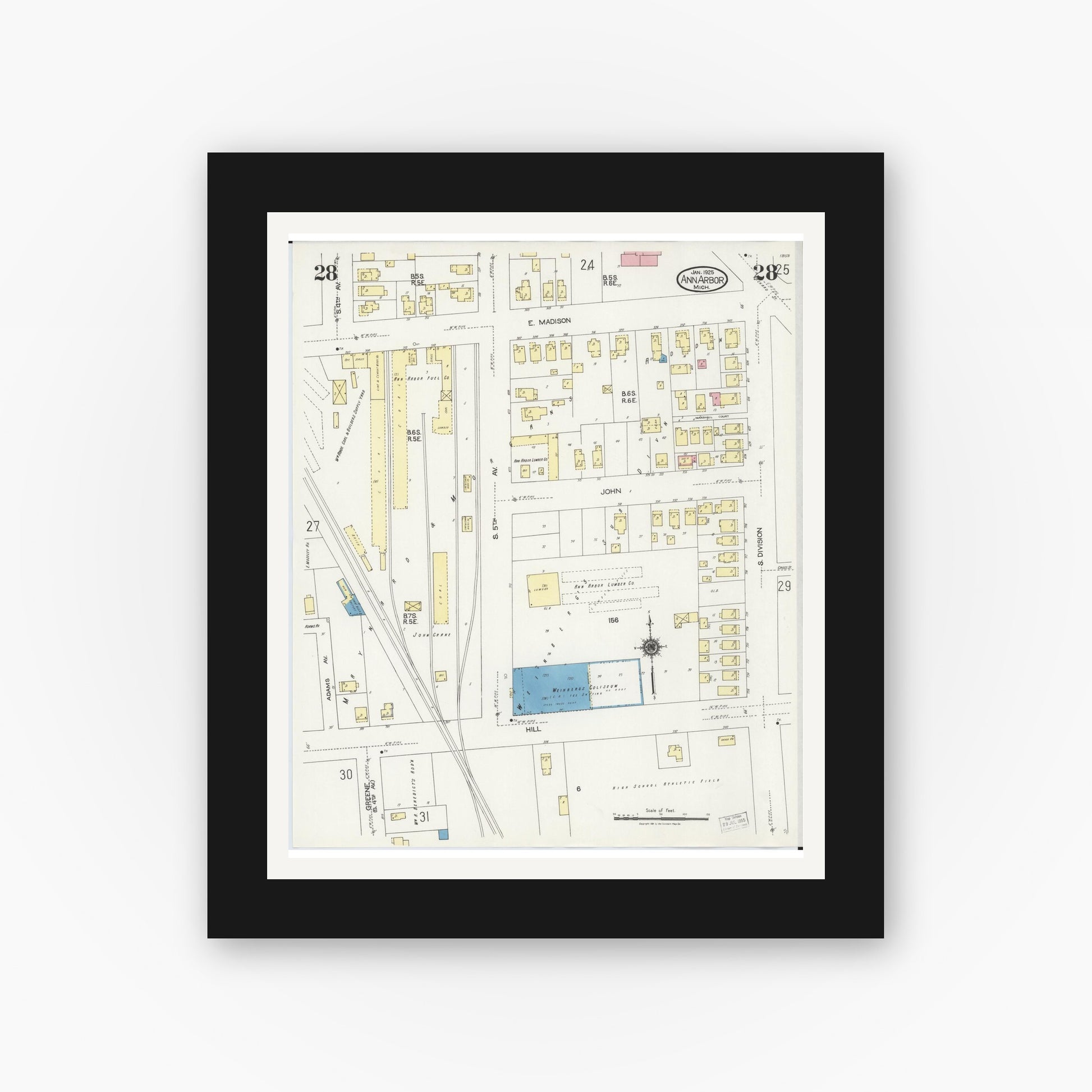 Old map wall art mockup — black gallery frame with white mat — Sanborn Fire Insurance Map from Ann Arbor, Washtenaw County, Michigan (1925), Sheet #0028